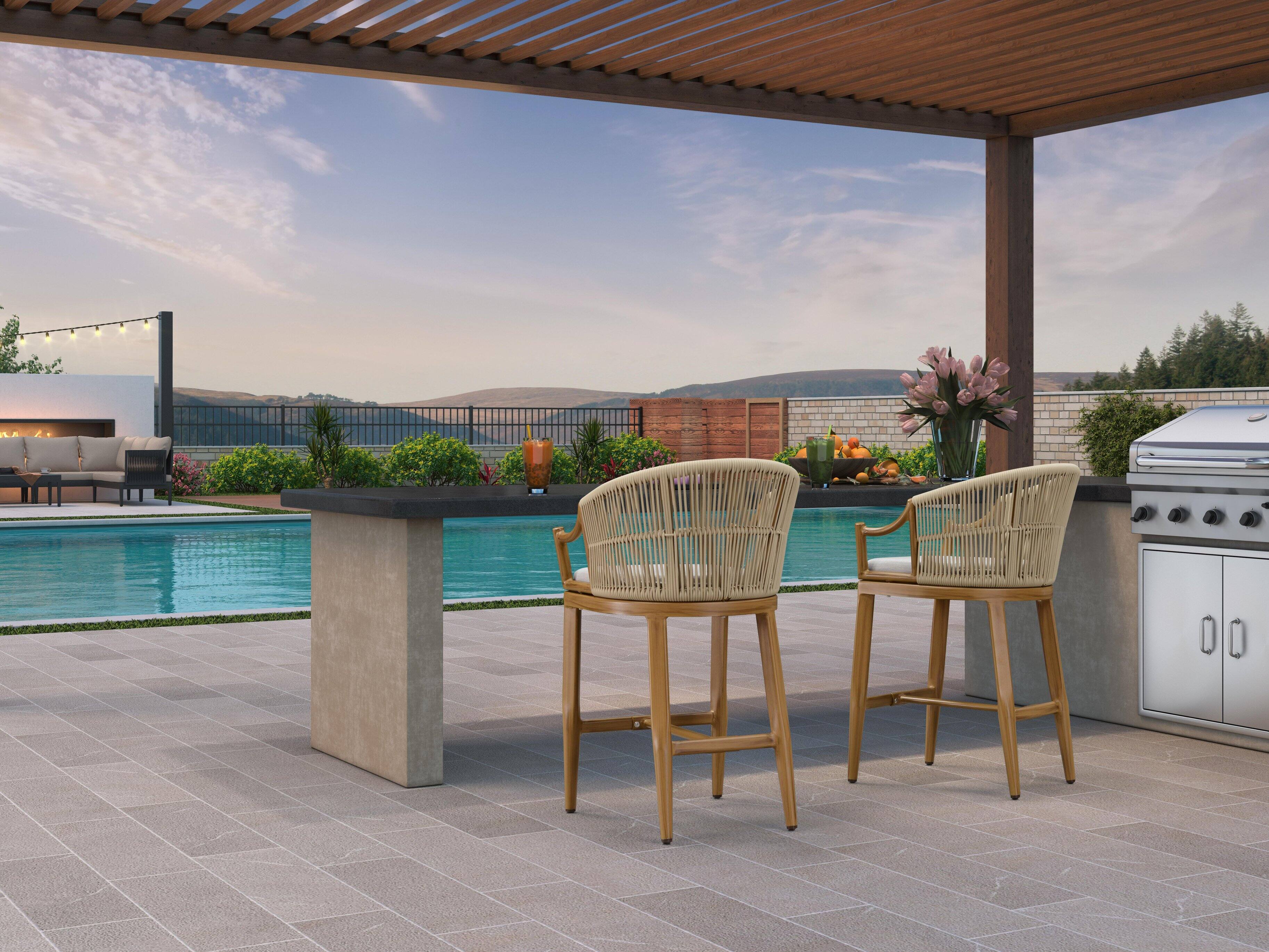 Alt View 2. PURPLE LEAF - Patio Counter Height Set of 2 Outdoor Rattan Chairs with Back Modern Aluminum Woven Barstools for Garden Indoor Kitchen - Teak-Counter Stool.