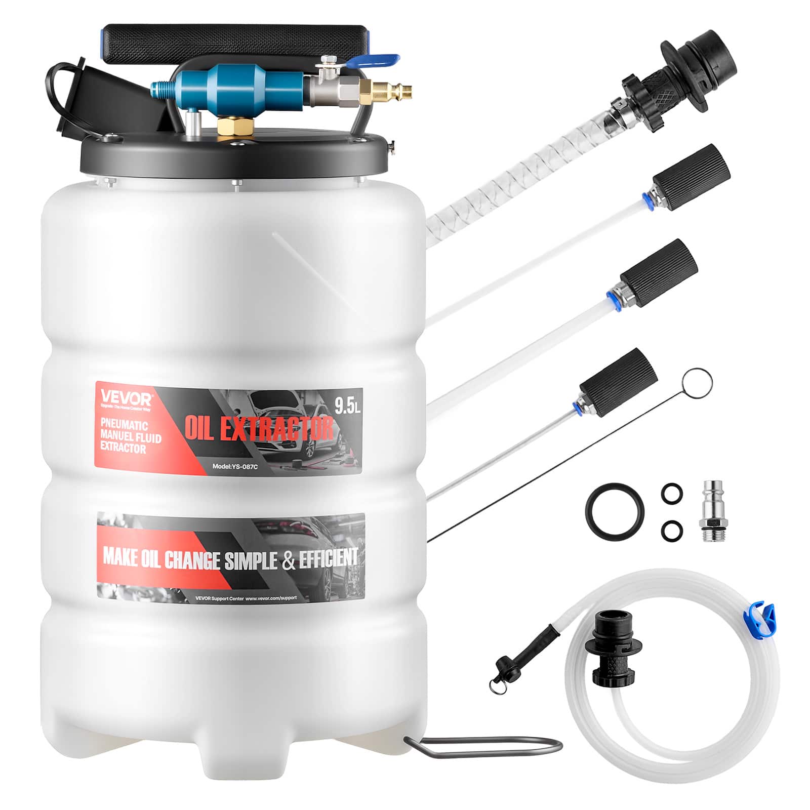 VEVOR - Fluid Extractor, 9.5 L Capacity, Pneumatic/Manual Vacuum Oil Extractor Pump with 59 in Long Horse - White + Black