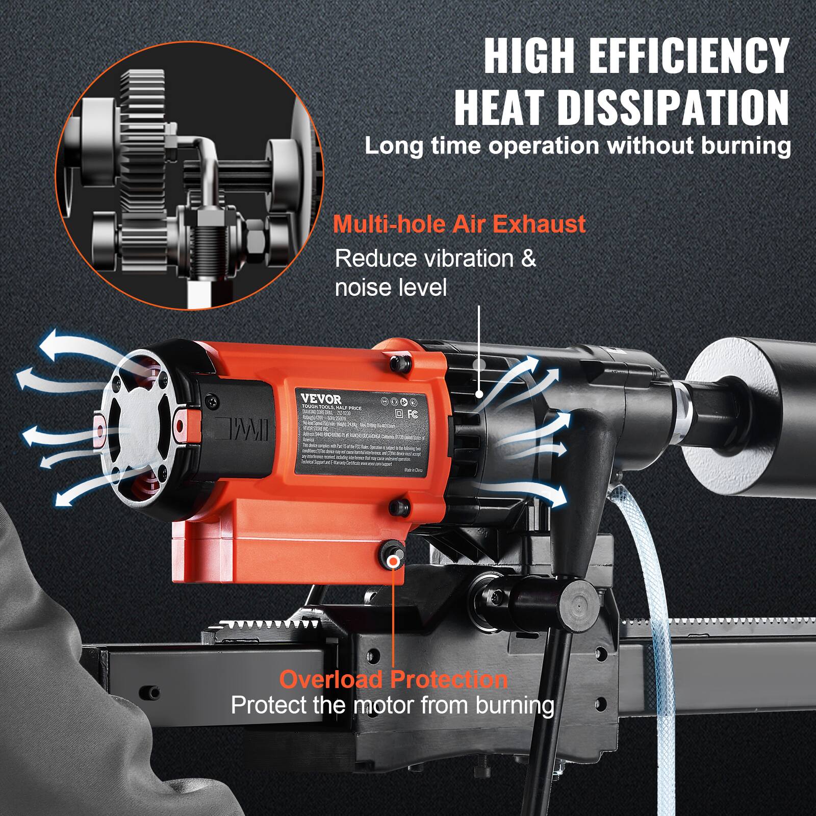 HIGH EFFICIENCY HEAT DISSIPATION  
Long time operation without burning

Multi-hole Air Exhaust  
Reduce vibration & noise level

VEVOR TOUGH 700LB SO PRICE TIME

DFC

Overload Protection  
Protect the motor from burning