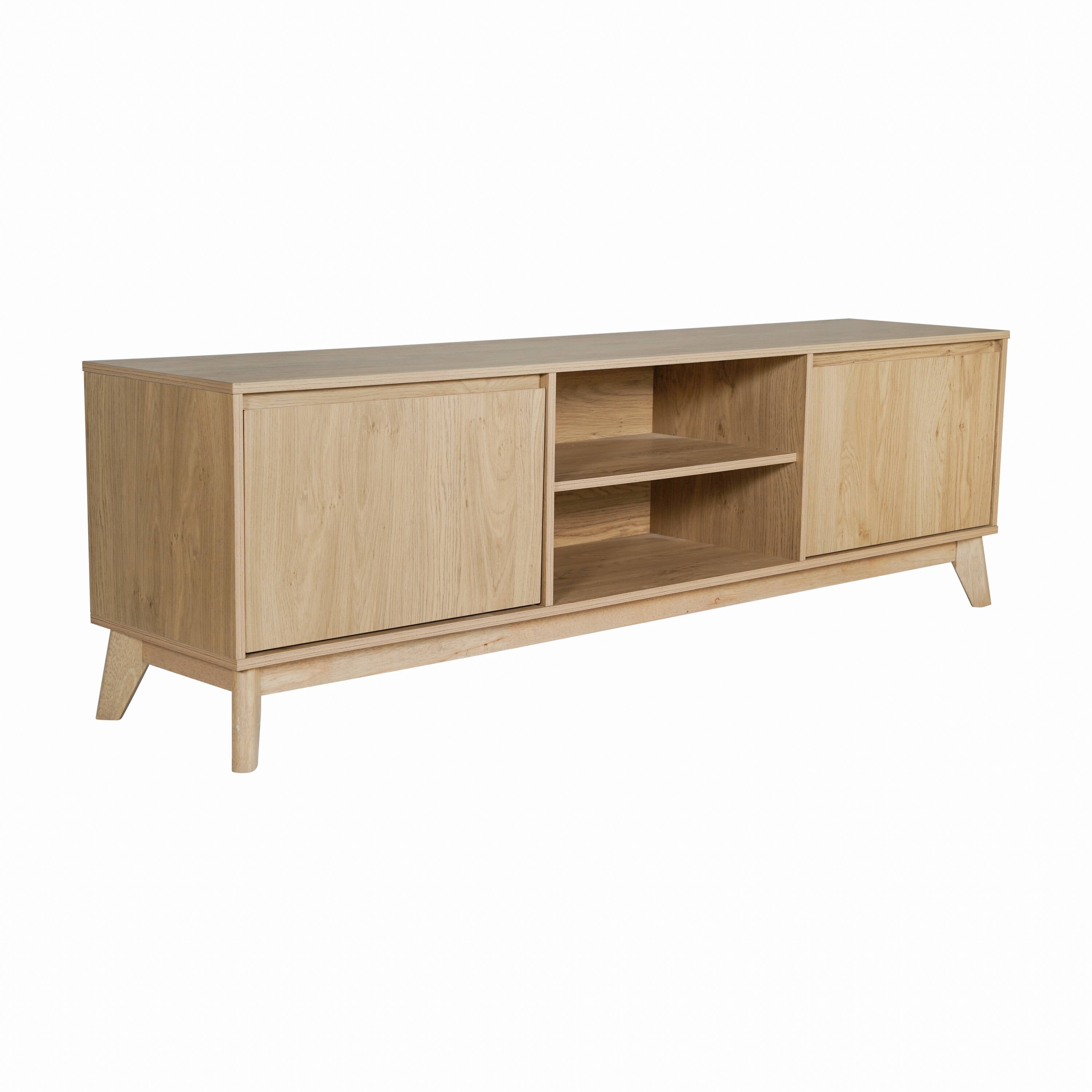 Alt View 1. Emma + Oliver - Beverly Mid-Century Modern Wooden TV Stand with Soft Close Doors, Shelf, Cord Management Hole and Tapered Legs - Light Natural.