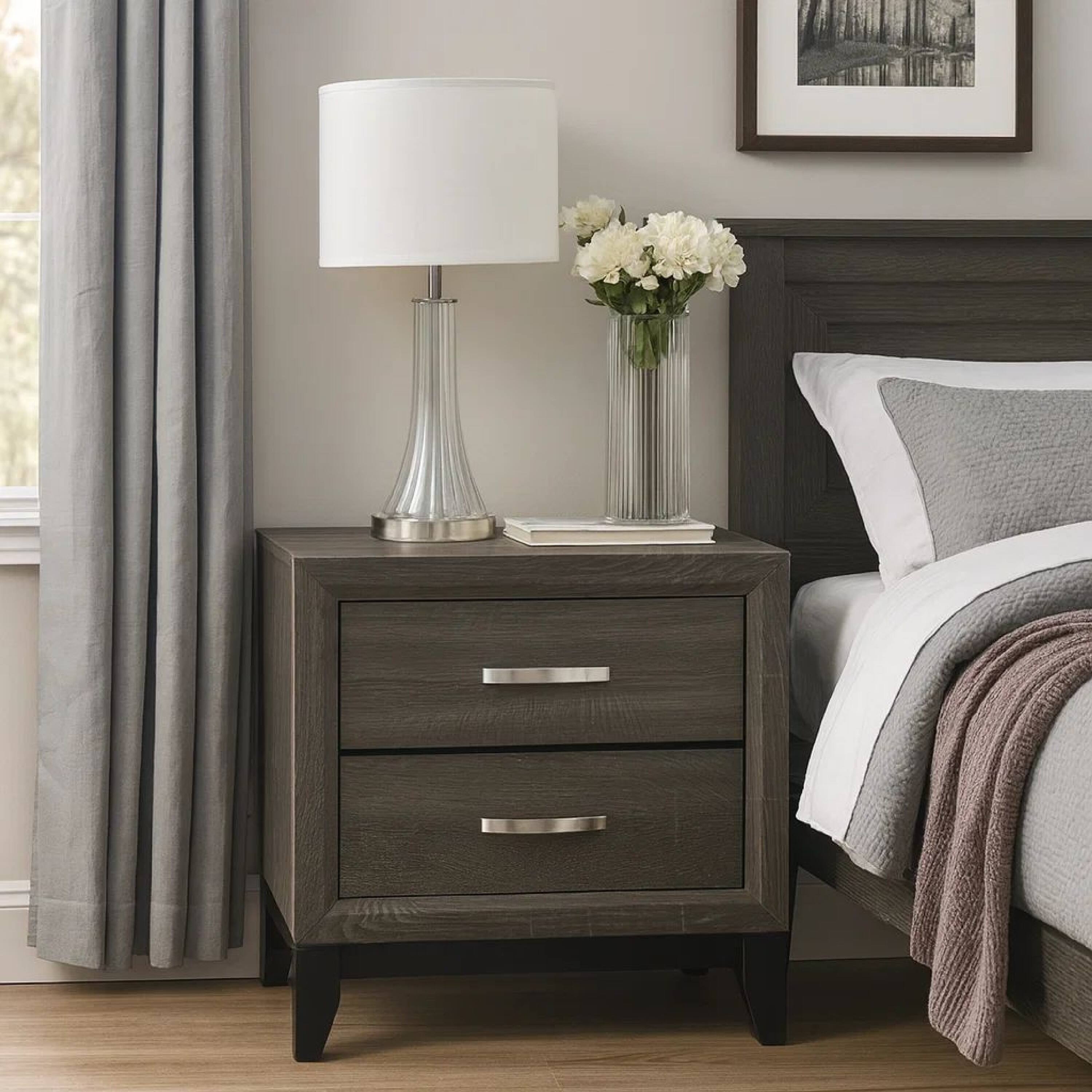 Alt View 6. Manhattan Lane - Wooden Nightstand with 2 Drawers and Chamfered legs - Gray and Black.