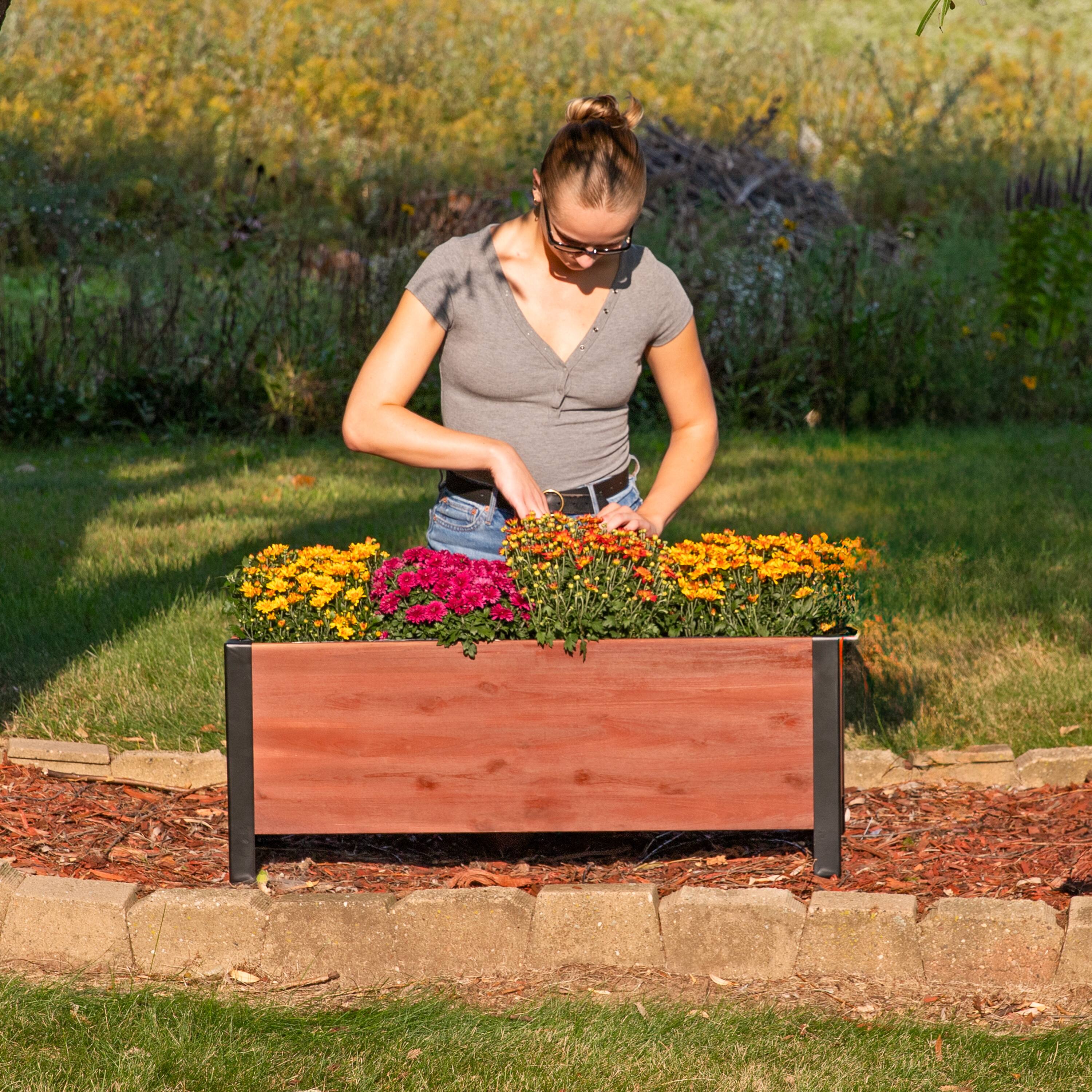 Alt View 4. Sunnydaze - Acacia Wood Raised Garden Bed with Planter Bag - 14.75" H - Brown.