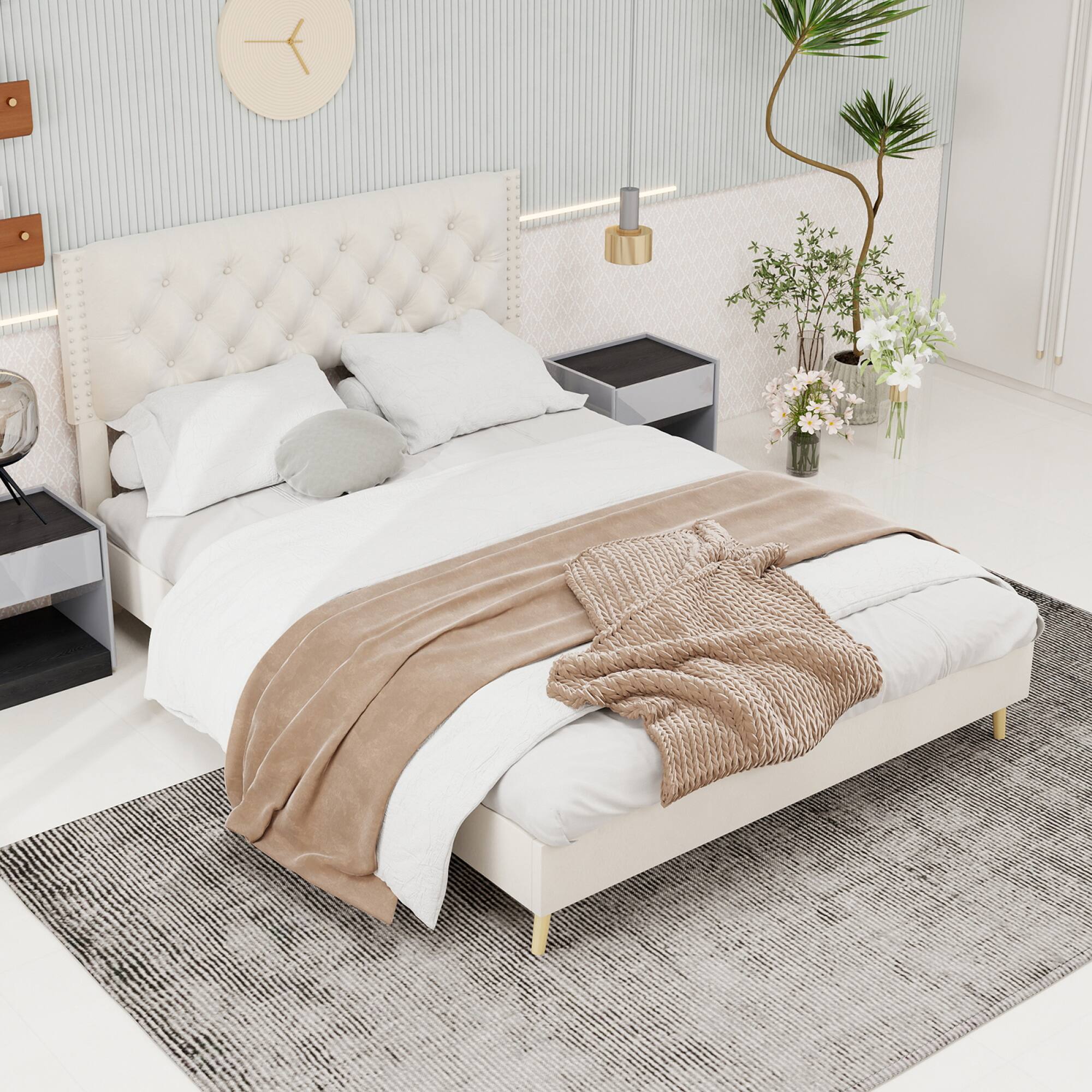 Alt View 5. GOODSILO - Luxury Tufted Velvet Upholstered Bed Frame with Platform Base for Queen Size Mattress, Gray Modern Bedroom Centerpiece - Beige.