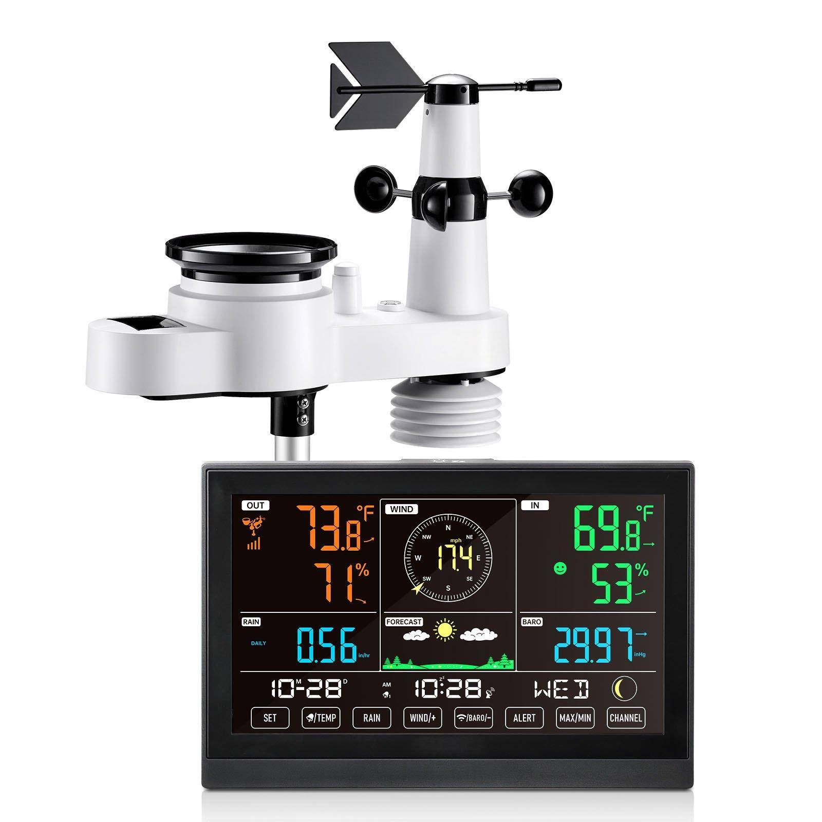 Glintex - Weather Station 5-in-1 Wireless with 7.5" Display, Solar Outdoor Sensor, Rain Gauge, Temp Wind and Forecast, No WiFi