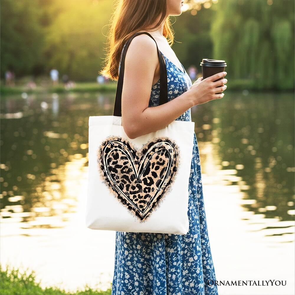 Left. OrnamentallyYou - Leopard Heart Valentine Canvas Tote Bag, Love Design Shopper - White Black.
