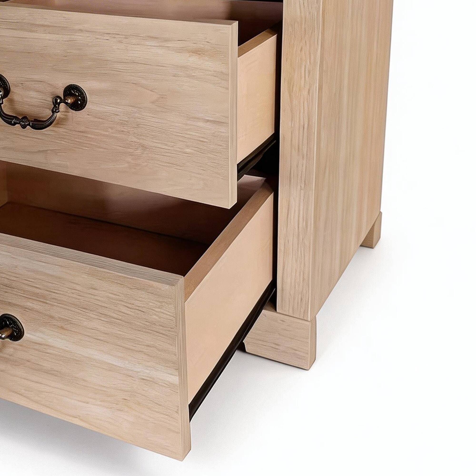 Alt View 2. Vaczon - Rustic Oak Nightstand Bedside Table with Open Shelf and 2 Drawers - Oak.