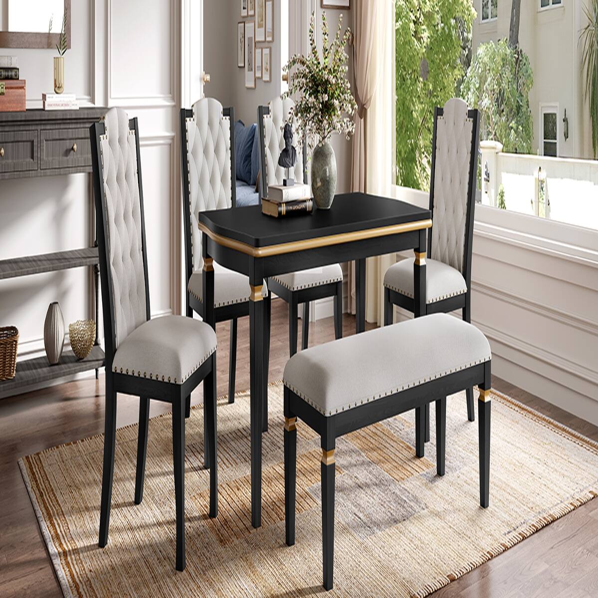 Alt View 4. Loheer - Loheer 6 Piece Dining Table Set with Bench, 60 Inch Rectangular Table and Upholstered Chairs, Black - Black.