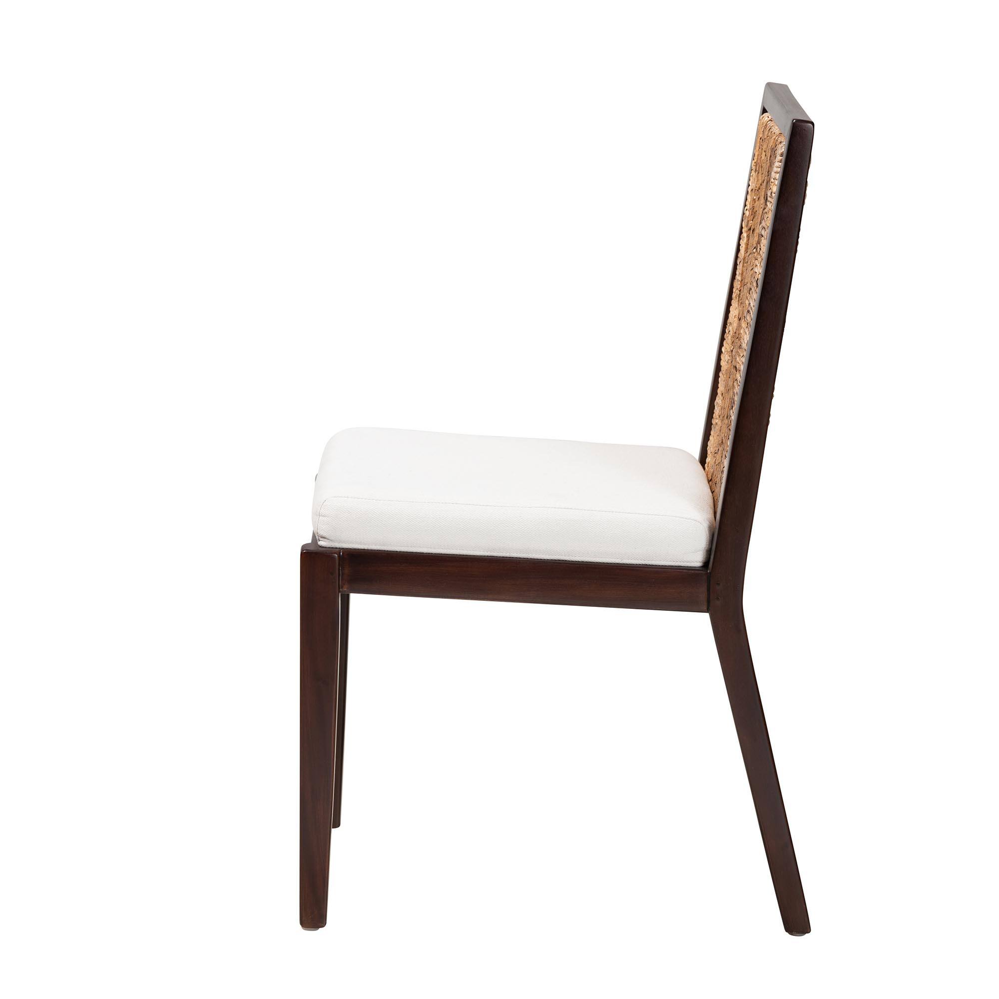 Left. bali & pari - Joana Modern Bohemian Mahogany Wood and Natural Seagrass Dining Side Chair - Dark Brown/Natural Brown/White.