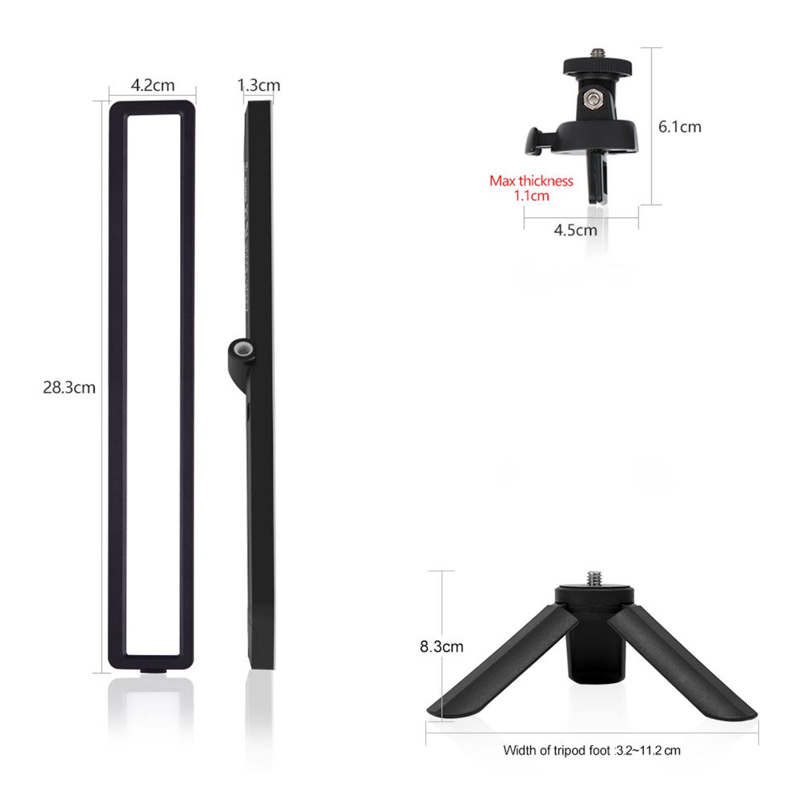 4.2cm  
1.3cm  
6.1cm  
Max thickness 1.1cm  
4.5cm  
28.3cm  
8.3cm  
Width of tripod foot 3.2~11.2 cm