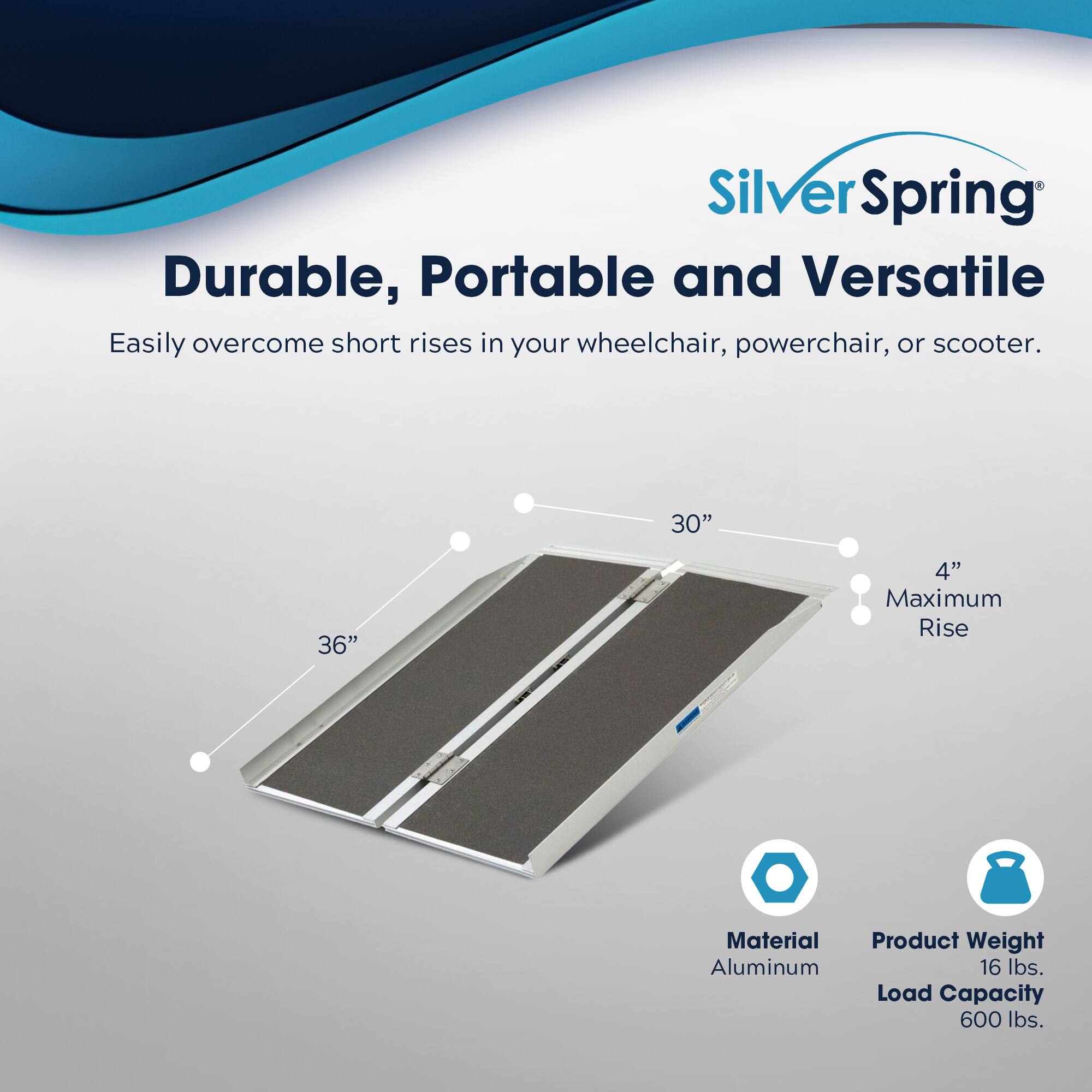 SilverSpring  
Durable, Portable and Versatile  
Easily overcome short rises in your wheelchair, powerchair, or scooter.  

30"  
36"  
4" Maximum Rise  

Material: Aluminum  
Product Weight: 16 lbs.  
Load Capacity: 600 lbs.