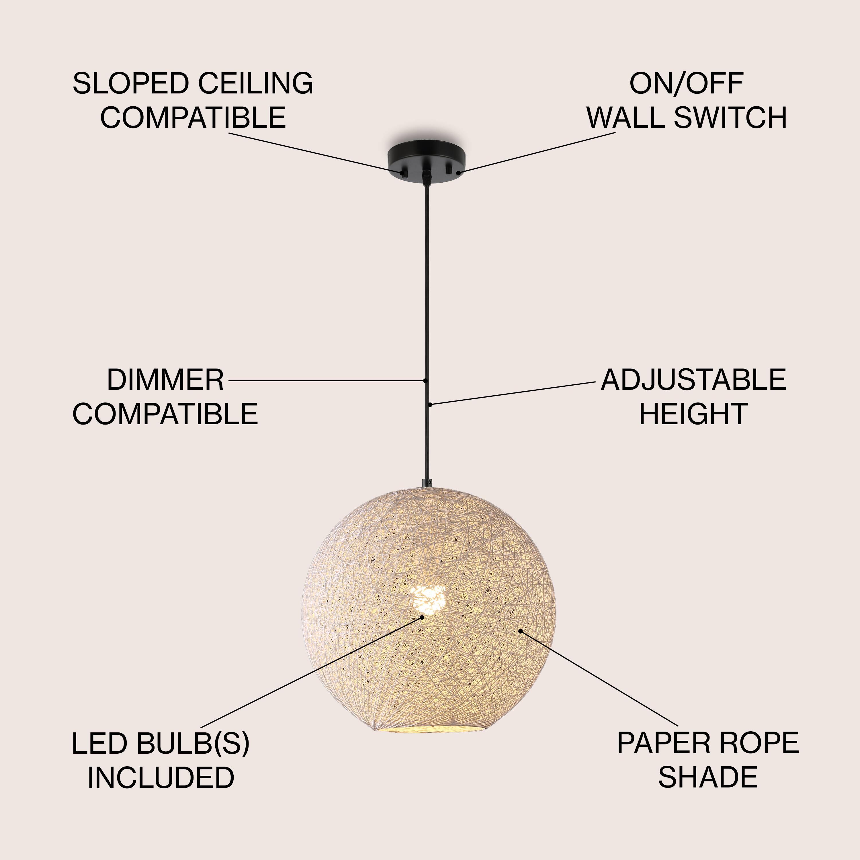 Sloped Ceiling Compatible, On/Off Wall Switch, Dimmer Compatible, Adjustable Height, LED Bulb(s) Included, Paper Rope Shade