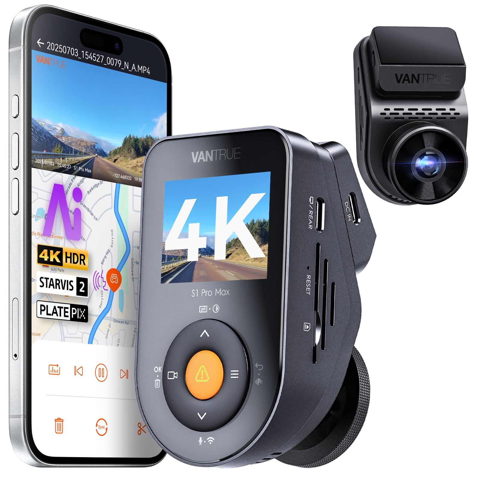 Vantrue - S1 Pro Max 4K Front Dashcam, ADAS & BSD, STARVIS 2, PlatePix Night Vision, Parking Mode, 5G WiFi&GPS - Black