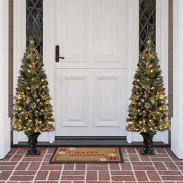 Glitzhome - Set of Two 5ft Pre-Lit Flocked Pine Artificial Christmas Porch Tree with 130 Warm Lights - White