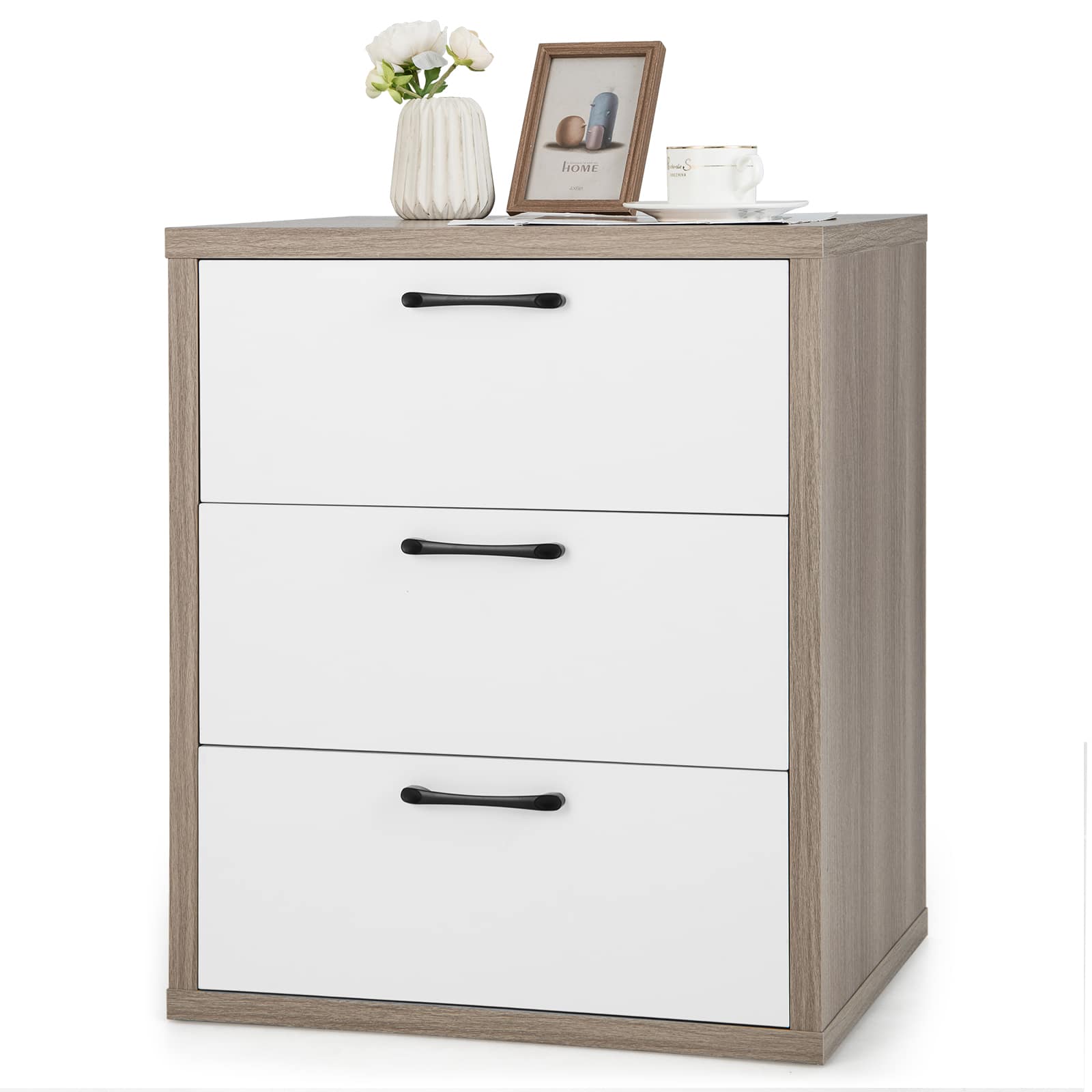Ecooso - Modern 3 Drawer Nightstand Dresser Bedroom End Side Table with Large Storage Capacity - Gray & White