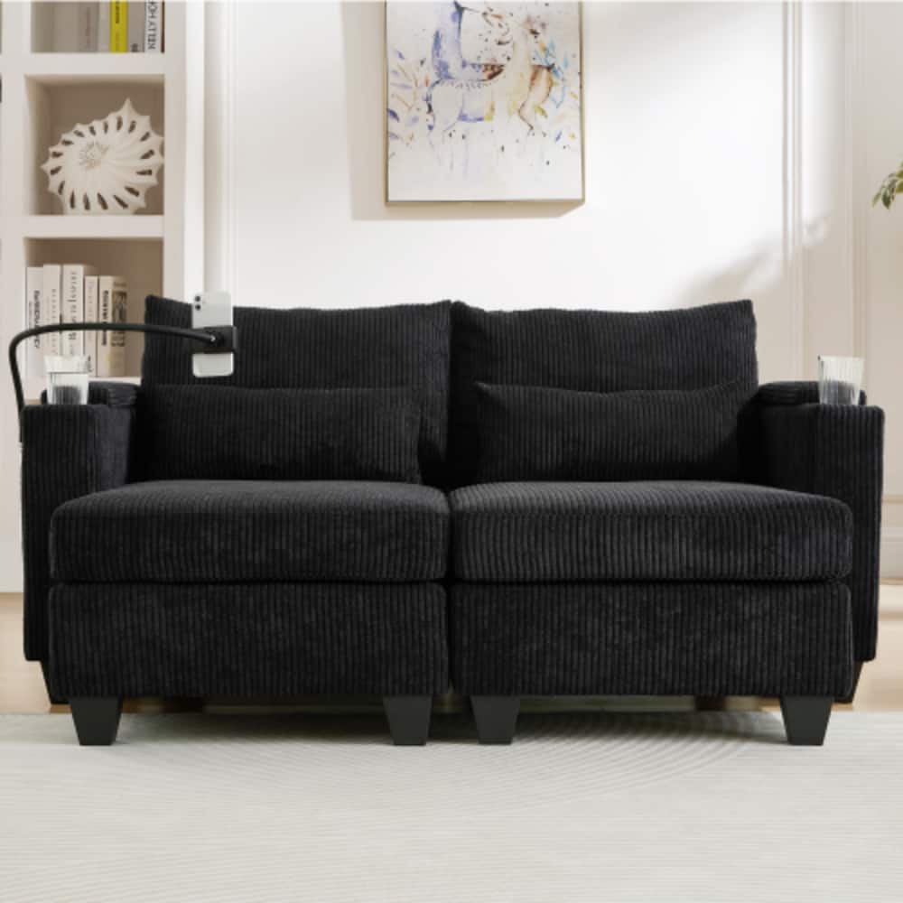 LUCKY ONE - 63" Convertible Chaise Lounge Loveseat Sofa Bed w/ USB Cup Holders Phone Holder - Black