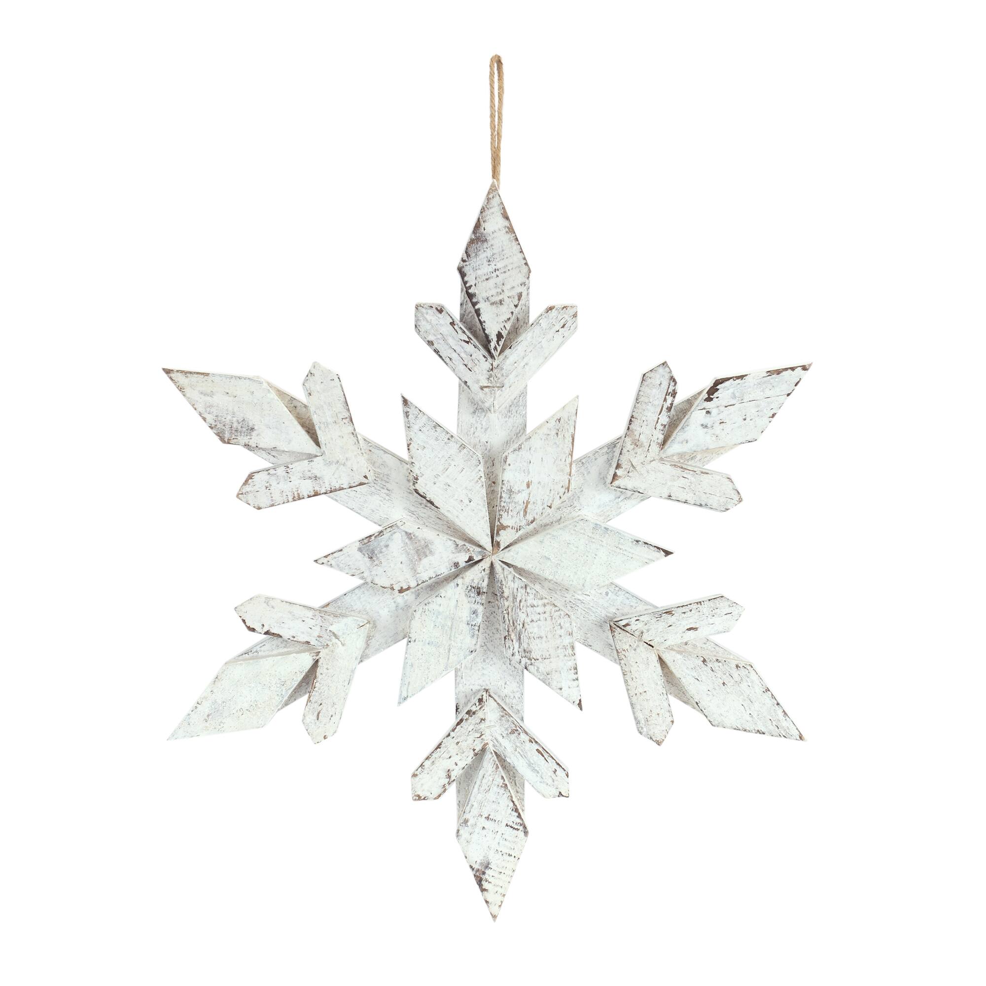 Angle. BreeBe - White Washed Wooden Snowflake Ornament (Set of 6) - White.