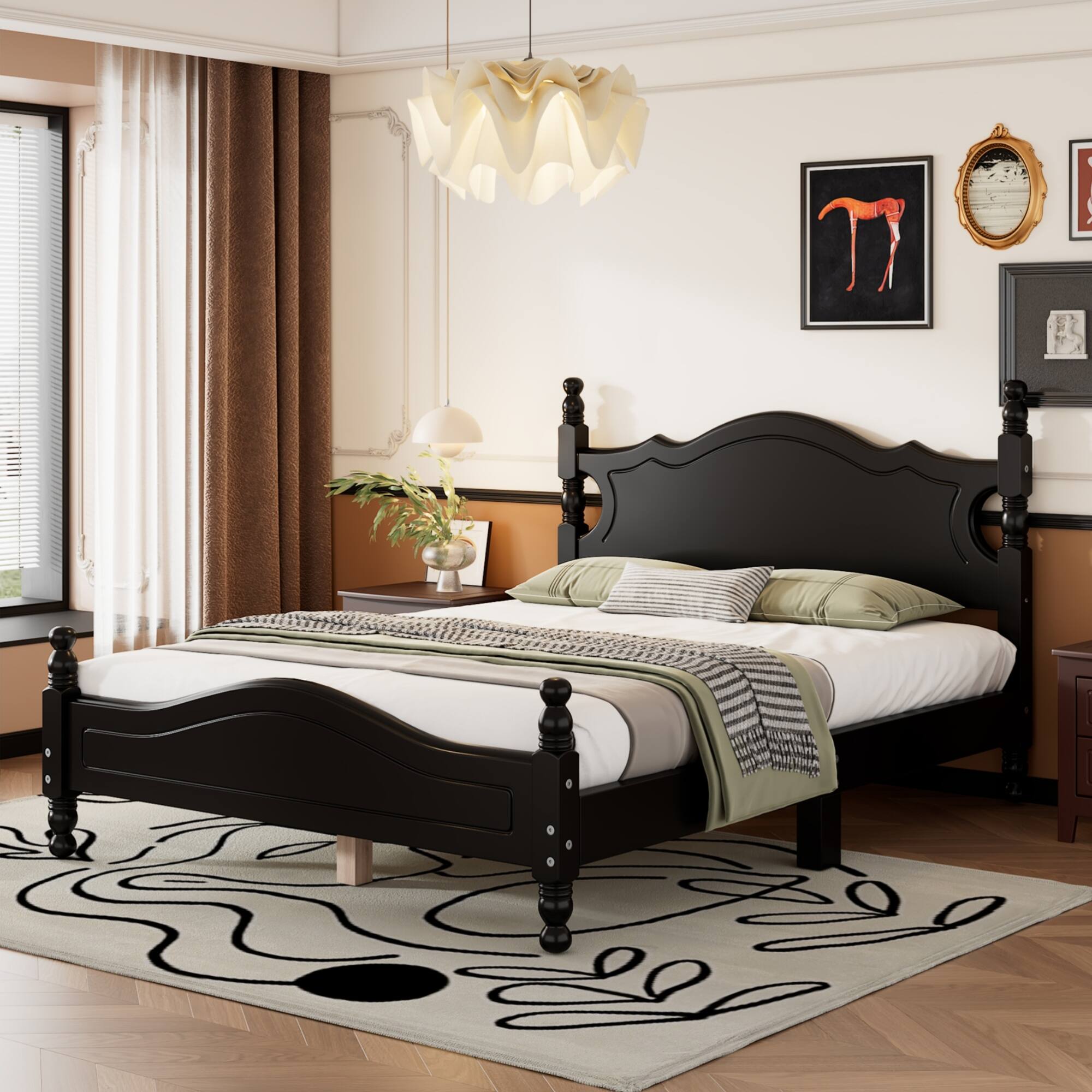 Angle. GOODSILO - Full Size Retro Wood Platform Bed Frame with Wooden Slat Support and Elegant Headboard - Black.