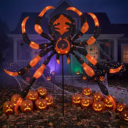 WELLFOR - 52 Inch Halloween Spider Decoration with 16 Flickering Warm White LED Lights - Black and Orange