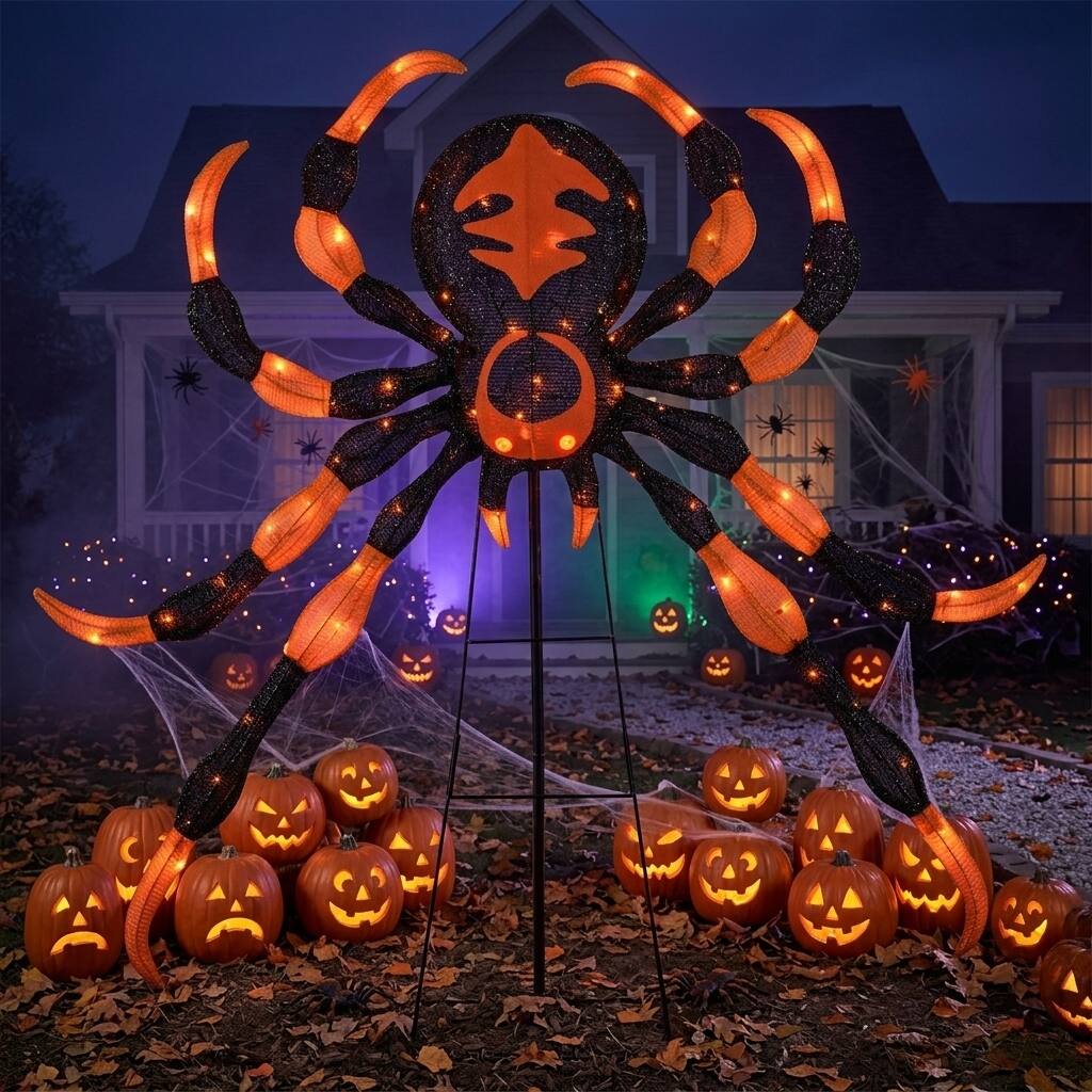Front. WELLFOR - 52 Inch Halloween Spider Decoration with 16 Flickering Warm White LED Lights - Black and Orange.