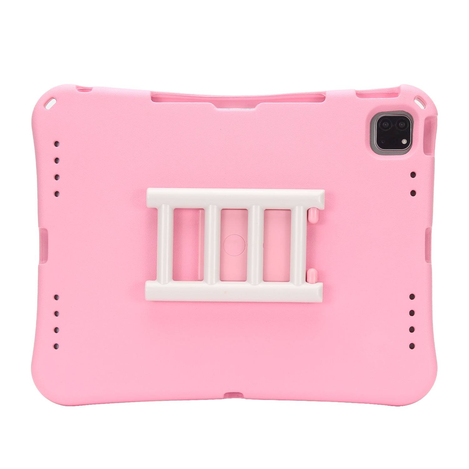 The image shows a pink phone case with a white handle attachment in the center.