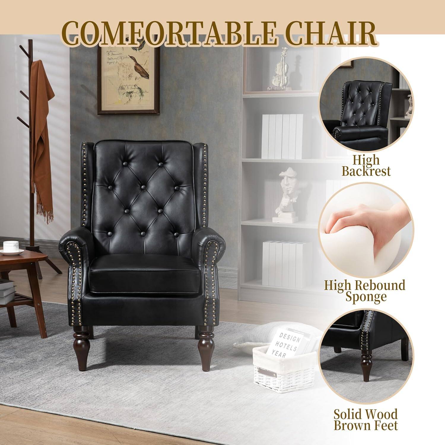 COMFORTABLE CHAIR

- High Backrest
- High Rebound Sponge
- Solid Wood Brown Feet