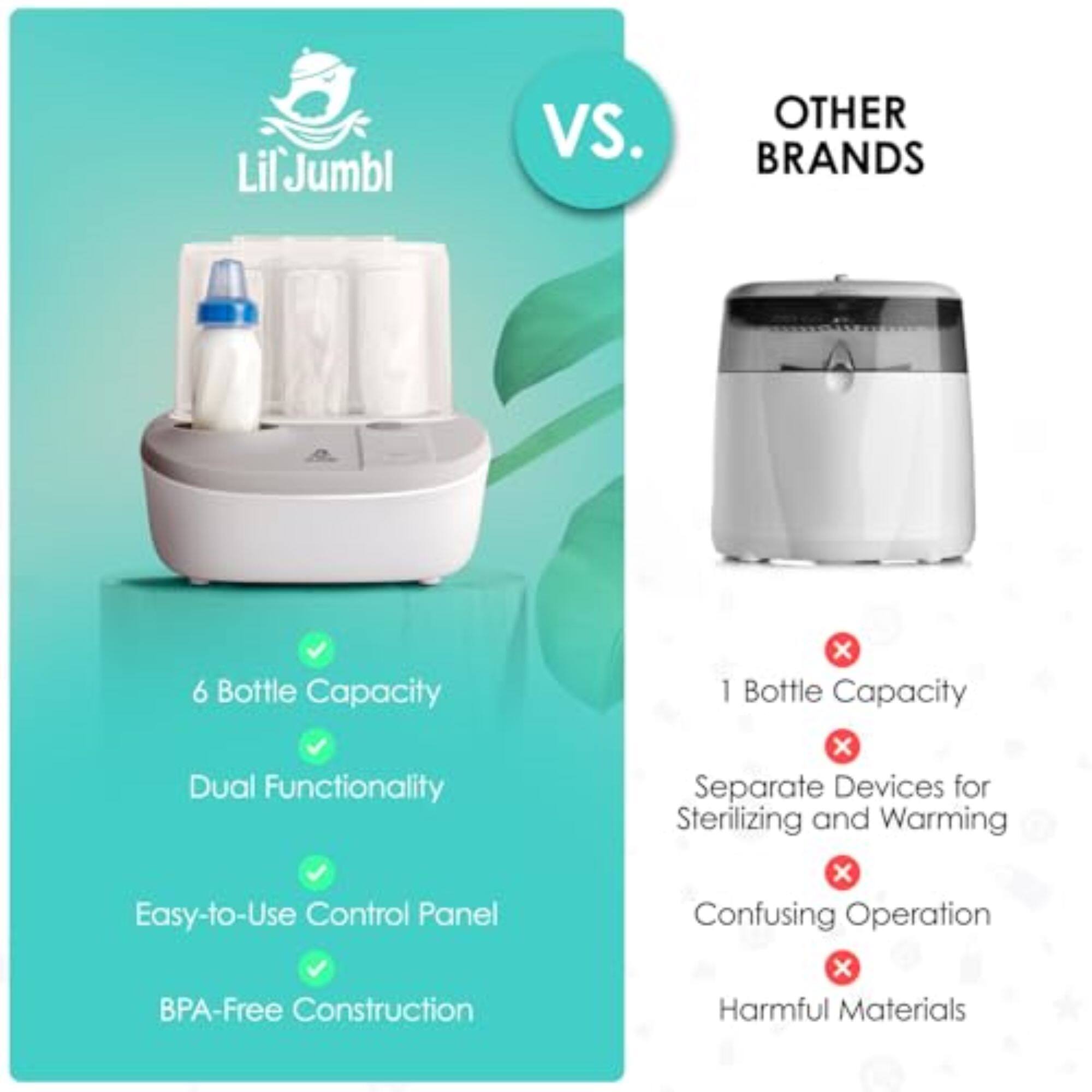LilJumbl VS. OTHER BRANDS

6 Bottle Capacity
Dual Functionality
Easy-to-Use Control Panel
BPA-Free Construction

x 1 Bottle Capacity
x Separate Devices for Sterilizing and Warming
x Confusing Operation
x Harmful Materials