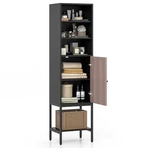 Ecooso - 57 Inch Bathroom Storage Cabinet with 1 Door and 4 Adjustable Shelves for Narrow Spaces - Black