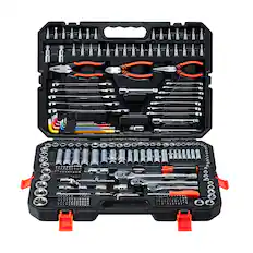 Front. VEVOR - Mechanics Tool Set, 314-Piece Mechanic Tool Kit, 1/4 in, 3/8 in, and 1/2 in Drive, Metric Socket Set, Wrenches - Black.