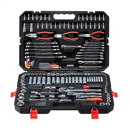 Front. VEVOR - Mechanics Tool Set, 314-Piece Mechanic Tool Kit, 1/4 in, 3/8 in, and 1/2 in Drive, Metric Socket Set, Wrenches - Black.
