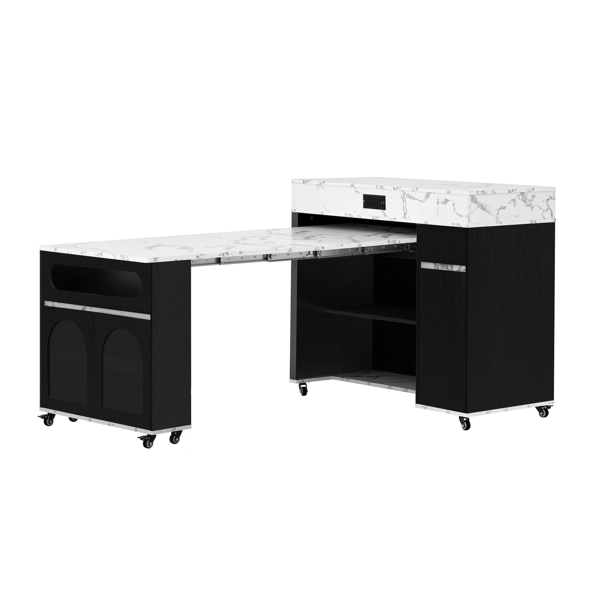 Forest'nSky - Sideboard Buffet Cabinet Extendable Dining Table with Extra-Long Folding Top,Drawers, Power Outlet and Brake lock - Black