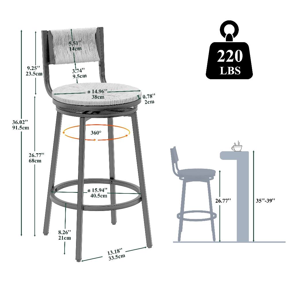 9.25" 23.5cm  
5.51" 14cm  
3.74" 9.5cm  
220 LBS  
14.96" 38cm  
0.78" 2cm  
36.02" 91.5cm  
360  
26.77" 68cm  
15.94" 40.5cm  
26.77"  
35"-39"  
8.26" 21cm  
13.18" 33.5cm