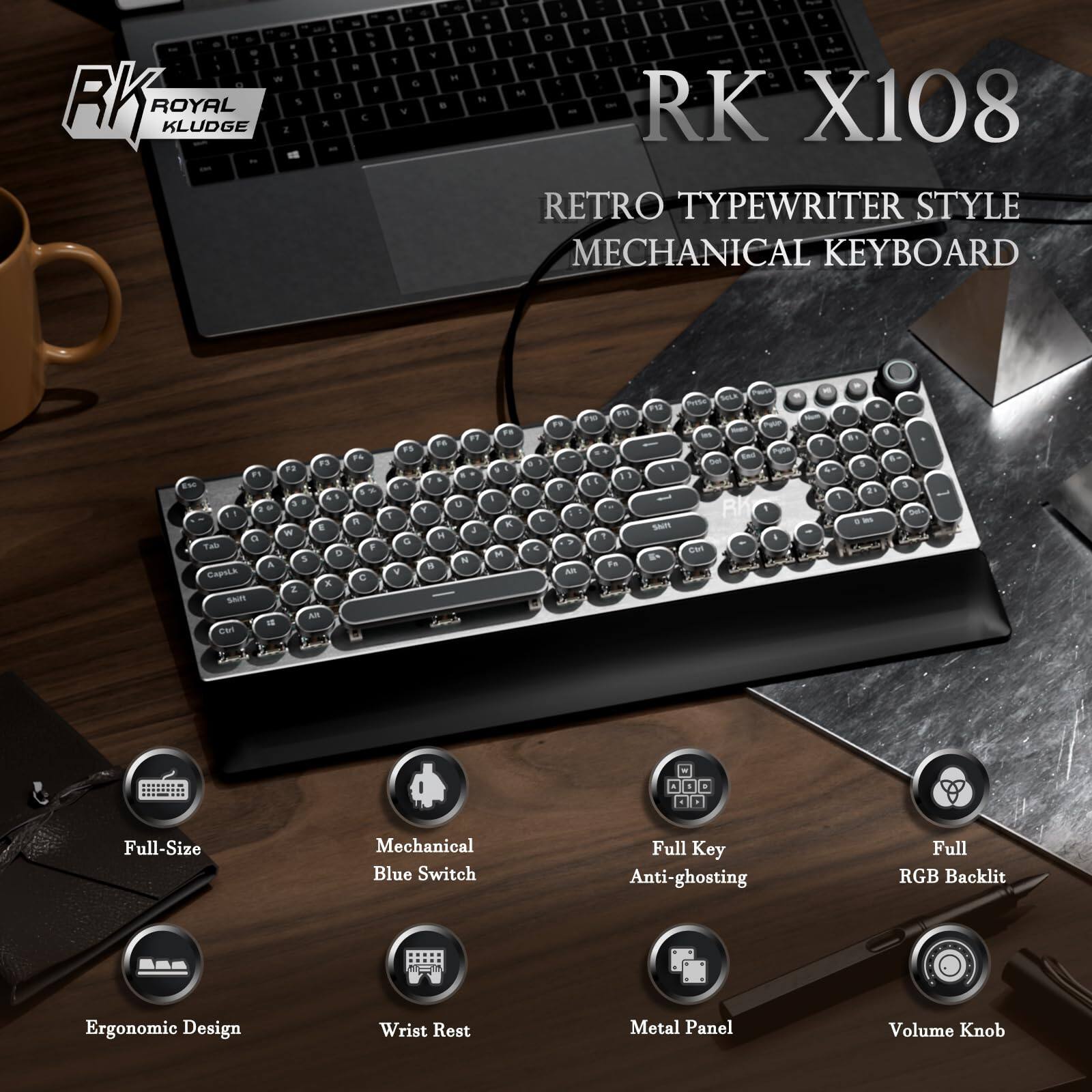 RK ROYAL KLUDGE X108 Typewriter Wired Mechanical Gaming Keyboard with ...