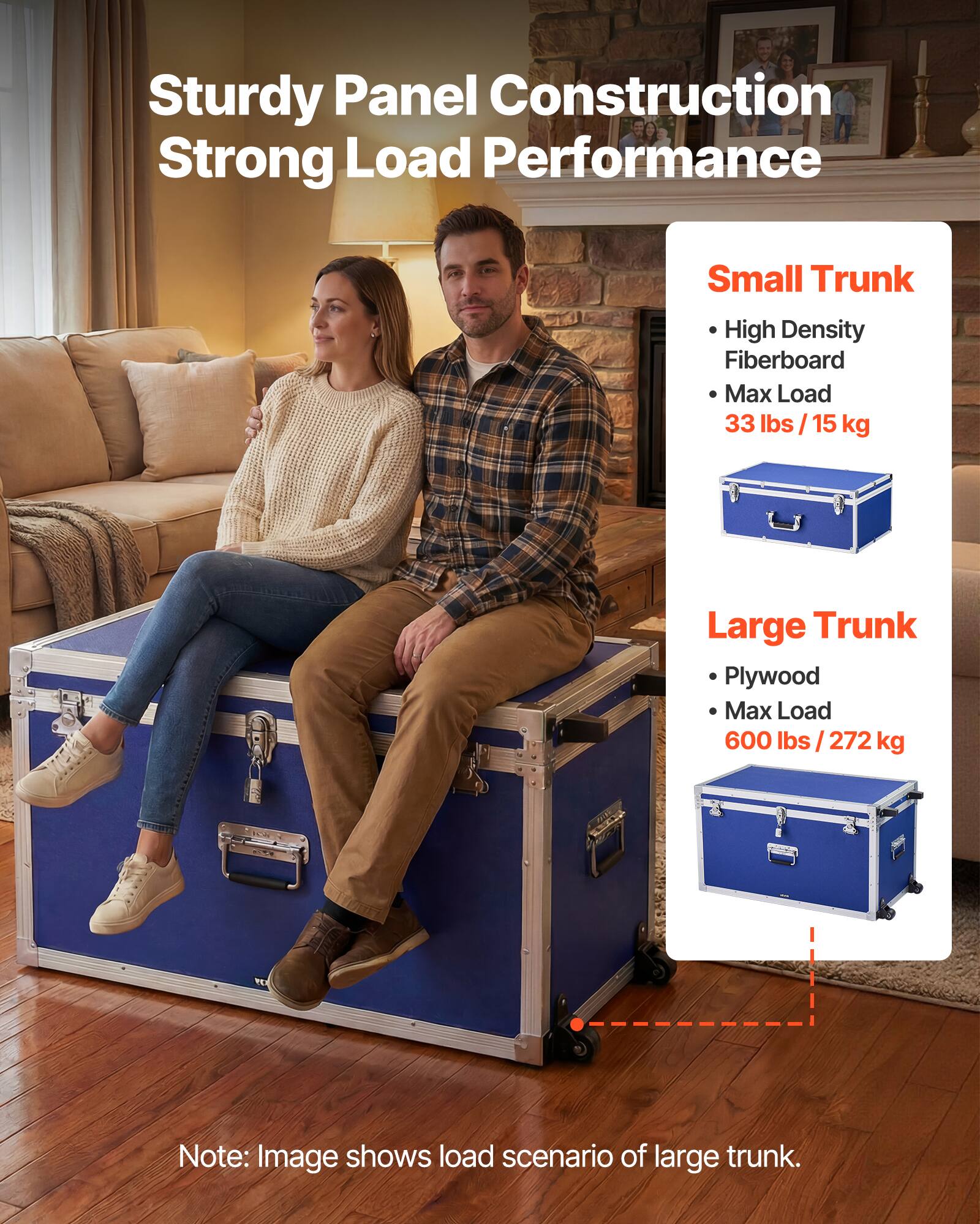 Sturdy Panel Construction  
Strong Load Performance  

Small Trunk  
- High Density Fiberboard  
- Max Load: 33 lbs / 15 kg  

Large Trunk  
- Plywood  
- Max Load: 600 lbs / 272 kg  

Note: Image shows load scenario of large trunk.