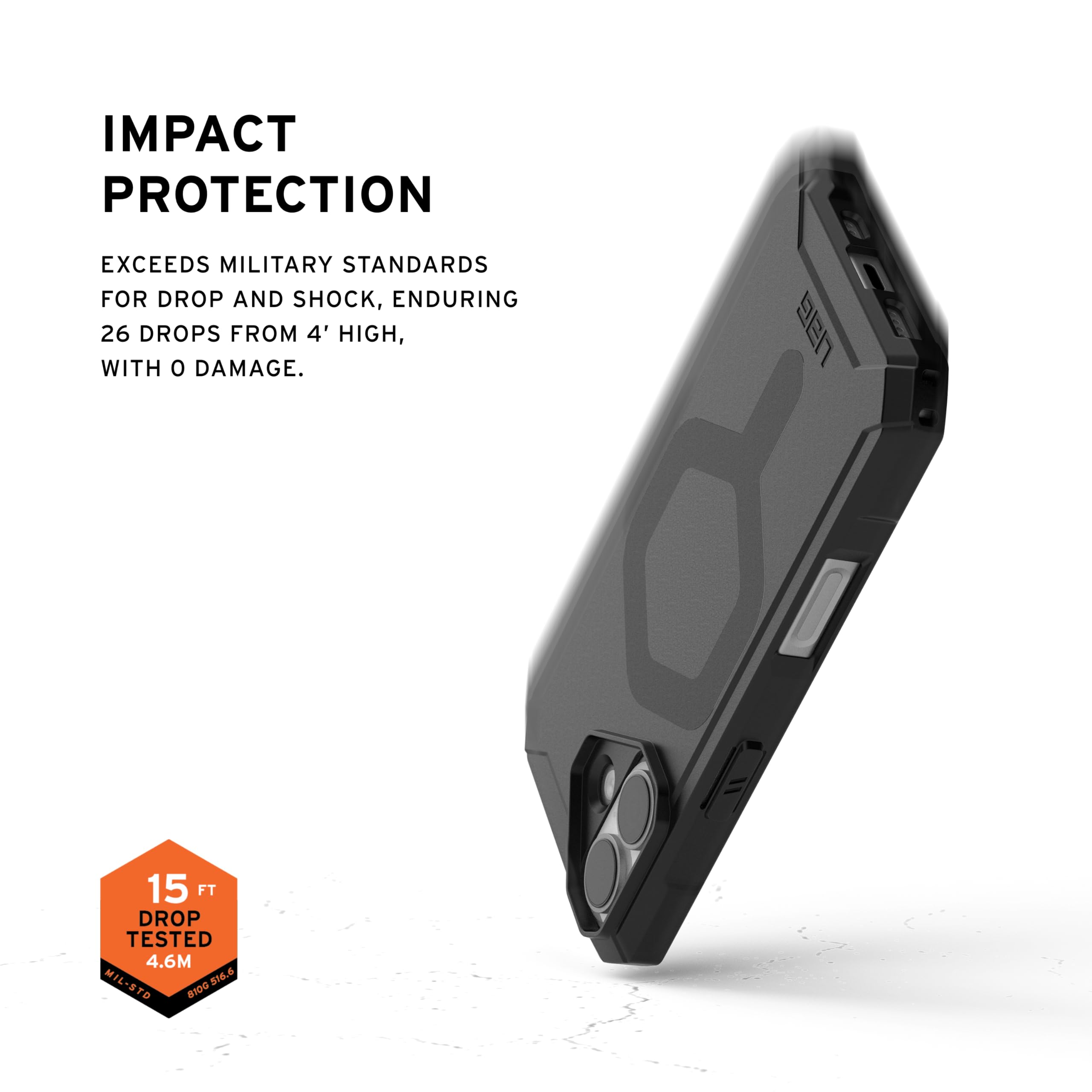 IMPACT PROTECTION

EXCEEDS MILITARY STANDARDS FOR DROP AND SHOCK, ENDURING 26 DROPS FROM 4' HIGH, WITH 0 DAMAGE.

15 FT DROP TESTED 4.6M - MIL-STD 810G