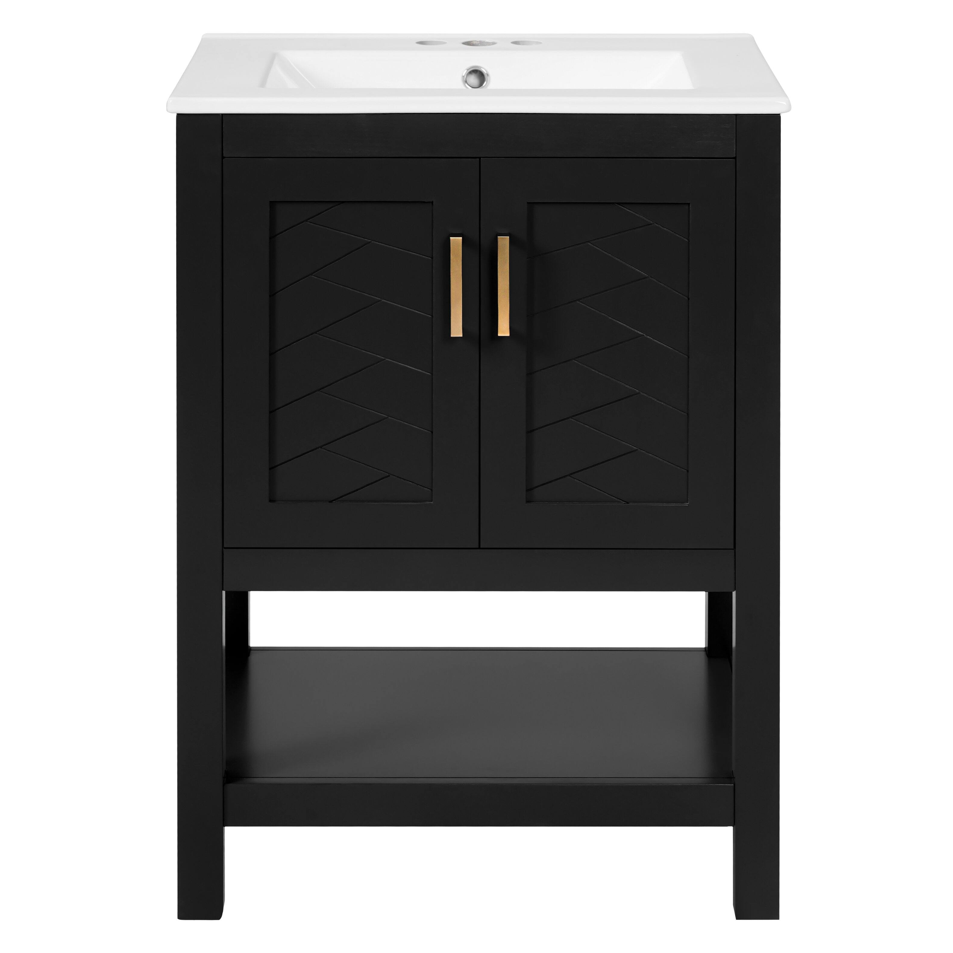 Back. Whisen - 24" Modern Bathroom Vanity Cabinet with Sink Adjustable Shelf and Soft-Close Hinges Storage - Black.