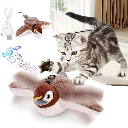 Front. Auledio - Winged Indoor Cat Toy - Interactive Bird Toy with Chirping and Flapping Wings, Perfect for Indoor Cats - Brown.