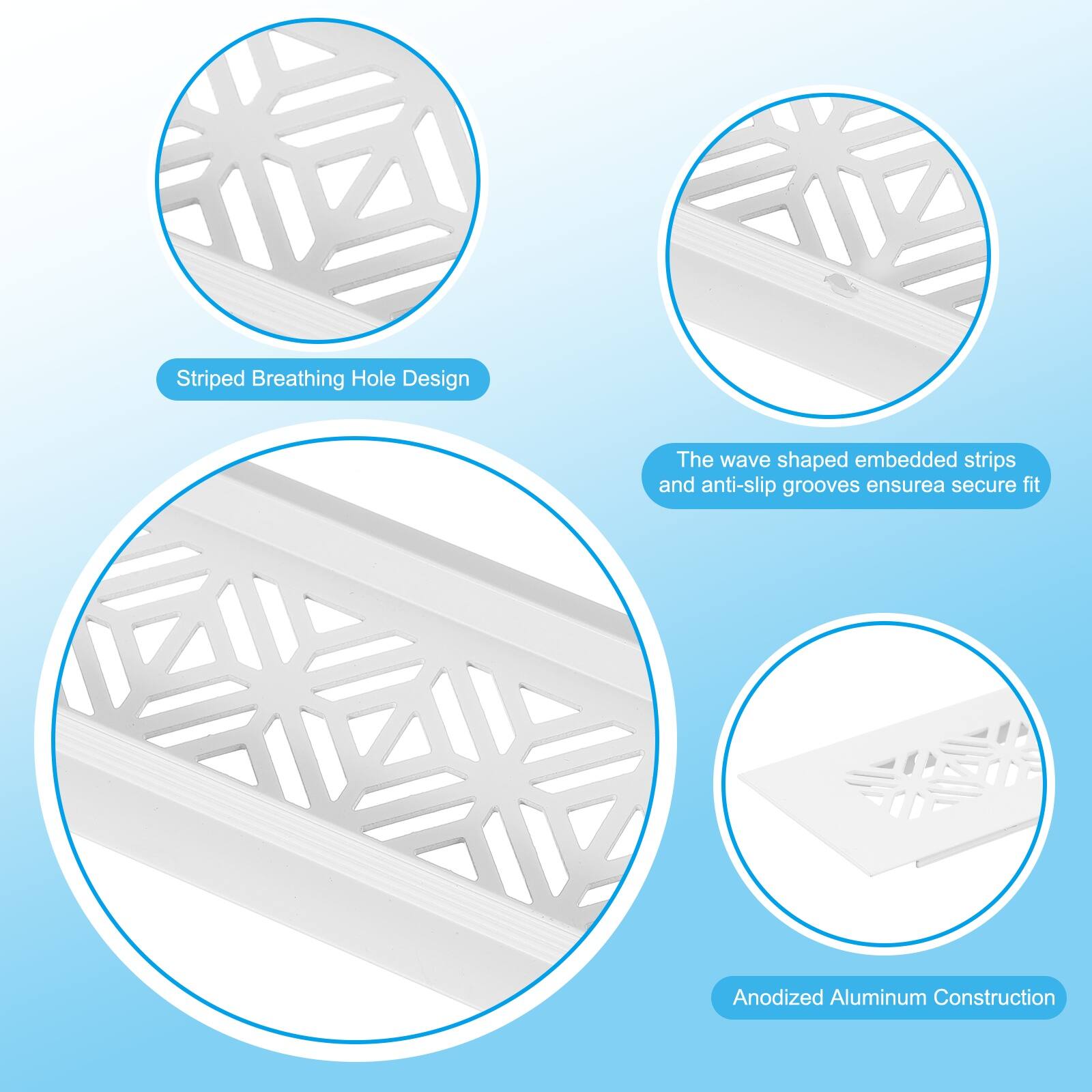 Striped Breathing Hole Design  
The wave shaped embedded strips and anti-slip grooves ensure a secure fit  
Anodized Aluminum Construction