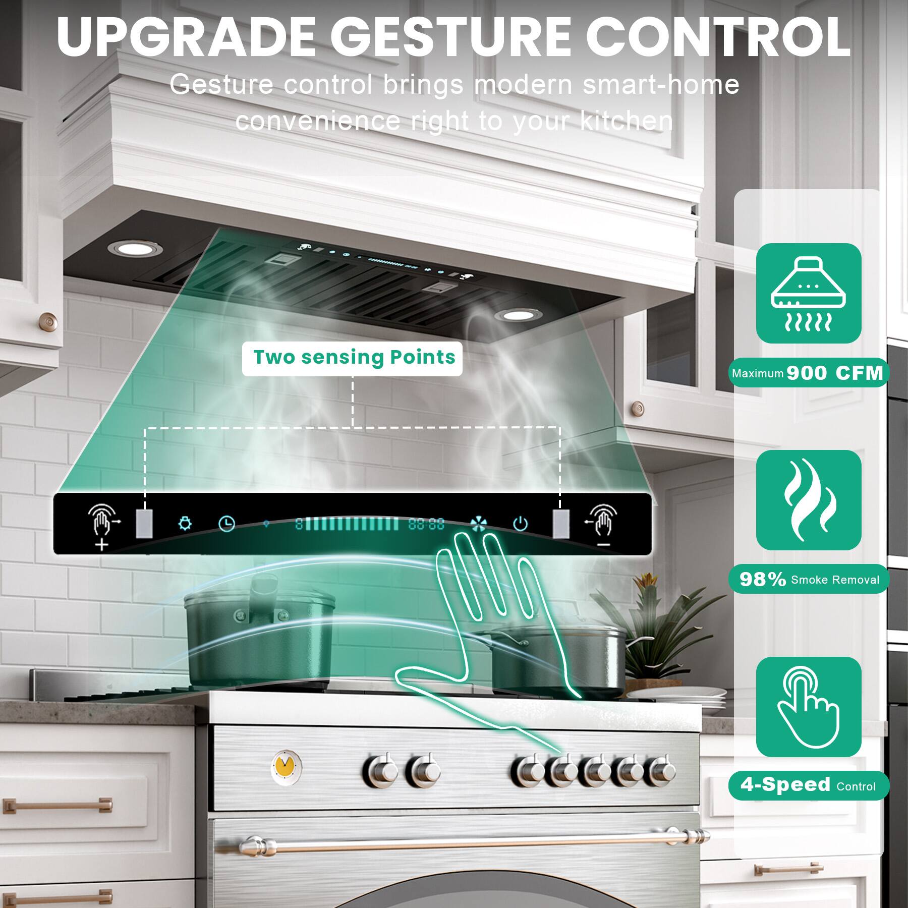 UPGRADE GESTURE CONTROL  
Gesture control brings modern smart-home convenience right to your kitchen  

- Two sensing Points  
- Maximum 900 CFM  
- 98% Smoke Removal  
- 4-Speed Control