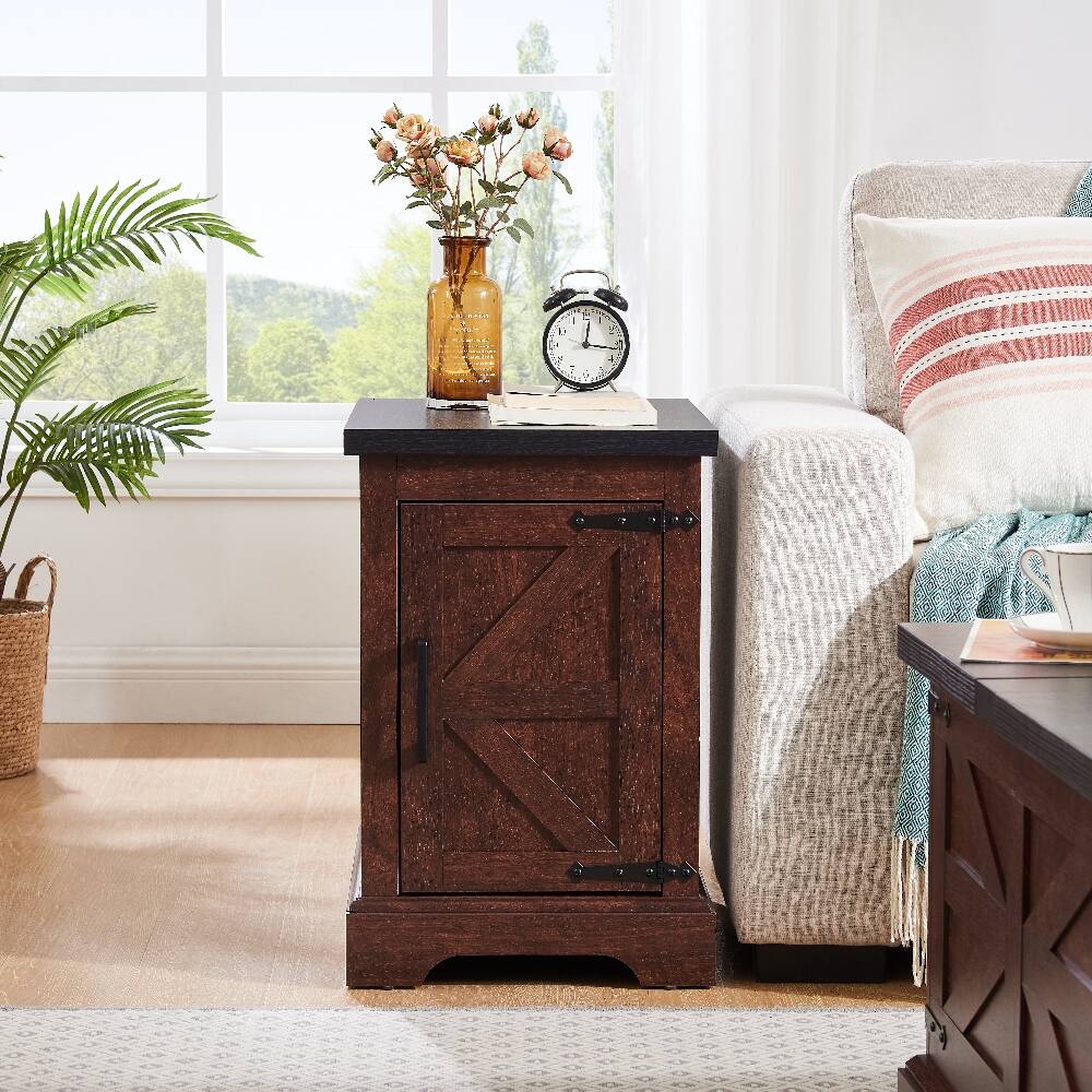 Angle. Loheer - Loheer Farmhouse End Table Rustic Nightstand Oak Side Table with Barn Door Adjustable Shelf for Living Room Bedroom - Oak.