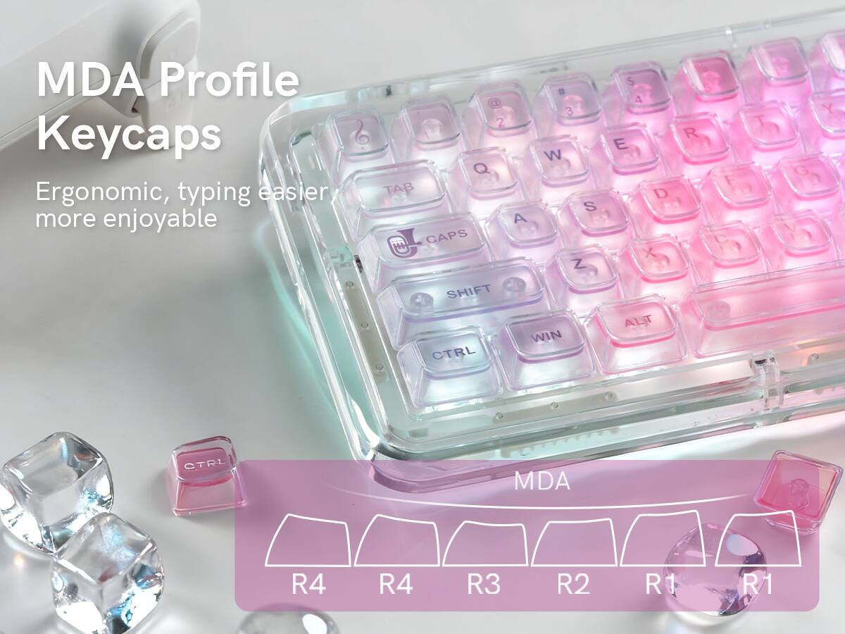 MDA Profile Keycaps  
Ergonomic, typing easier more enjoyable  

# @ 3 2 W Q TAB FC S A CAPS Z SHIFT WIN CTRL $ 4 E D X ALT 5 T R F S C Y S G , CTRL  

MDA R4 R4 R3 R2 R1 R1