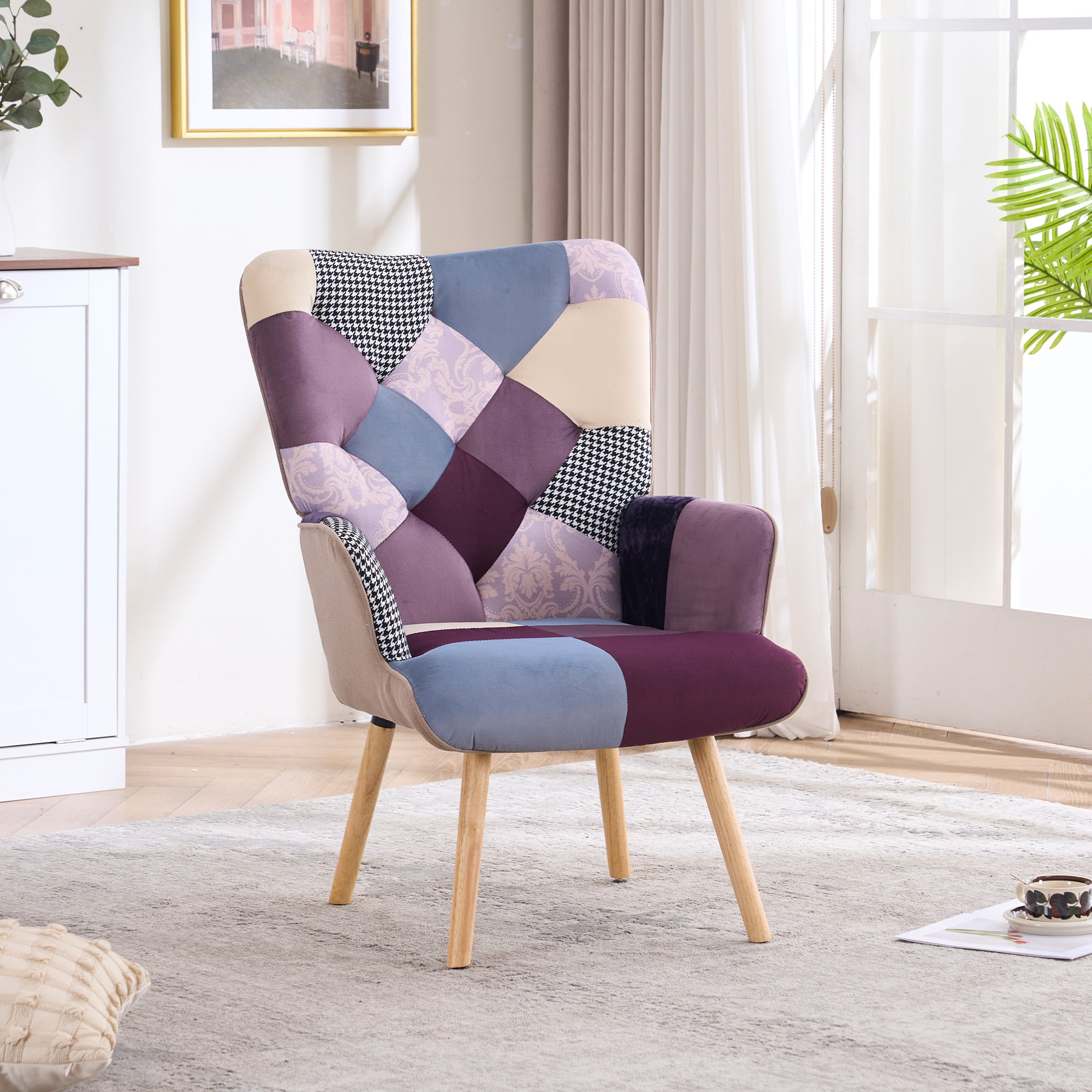 FERPIT - Patchwork Upholstered Wingback Accent Chair with Rubberwood Legs, Purple - Purple Patchwork