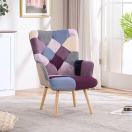 FERPIT - Patchwork Upholstered Wingback Accent Chair with Rubberwood Legs, Purple - Purple Patchwork