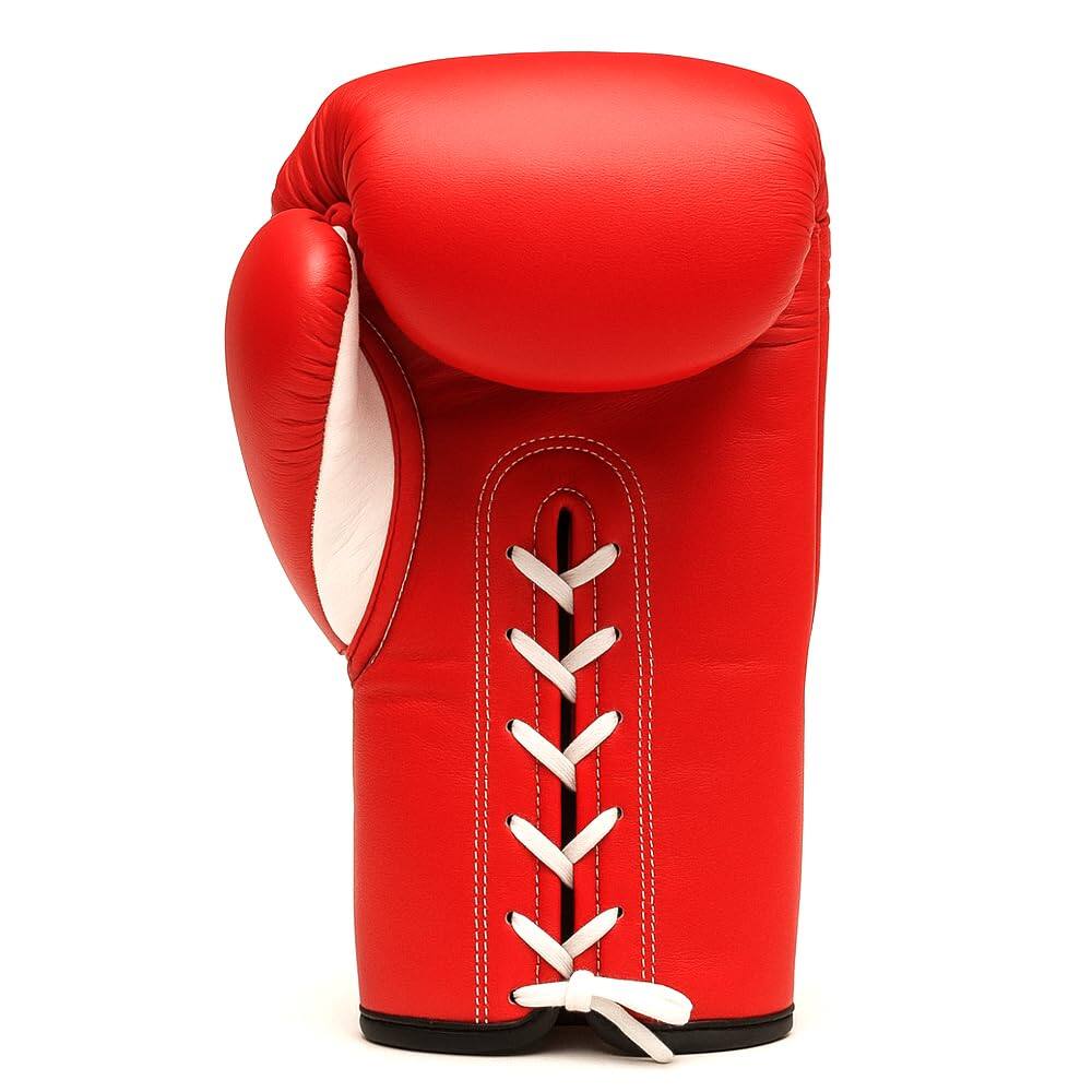 Left. Amber Sporting Goods - Premium All-Leather Professional Fight Gloves, Stylish Red, 12oz Size - RED.