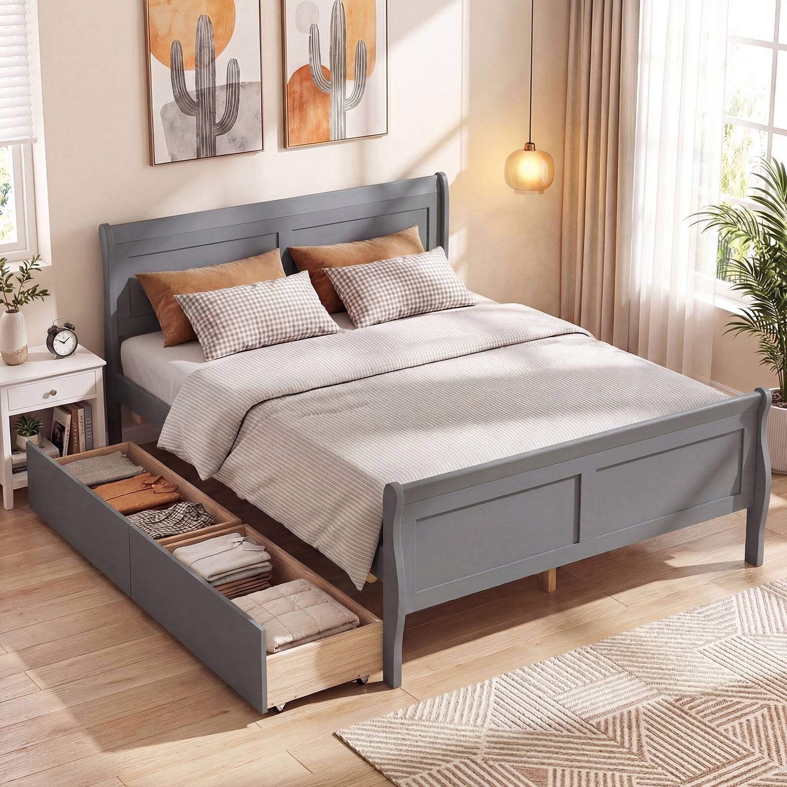 Alt View 1. Costway - Costway Full Size Bed Frame with Storage Drawers, Wood Platform Bed with Headboard Footboard - Gray.