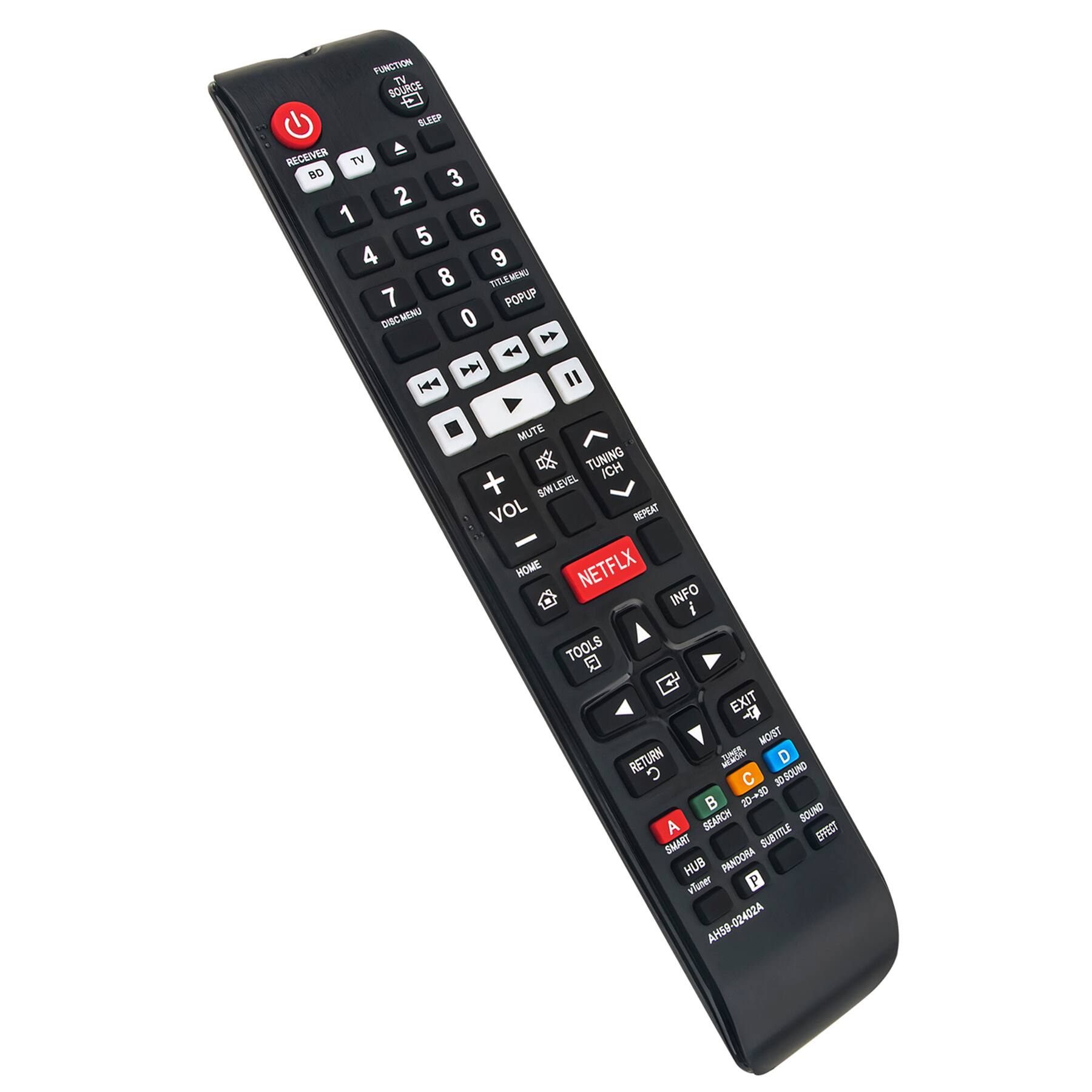 FUNCTION TV BOURGE SEDP RECEIVER TV 3 2 1 6 5 4 9 8 FALEMENU 7 POPUP DISC/MENU 0 44 H I 144 MUTE TUNING ICH SW LEVEL VOL REPEAT HOME NETFLX INFO i TOOLS EXIT MOIST RETURN J D C 30-8OUND B 20-+30 BEARCH SOUND A SUBTITLE EPECT SMART HUB PANDORA viuner P AH58-02402A