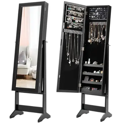 Front. Costway - Jewelry Mirrored Cabinet Armoire Organizer Storage Box w/ Stand Christmas Gift - Black.