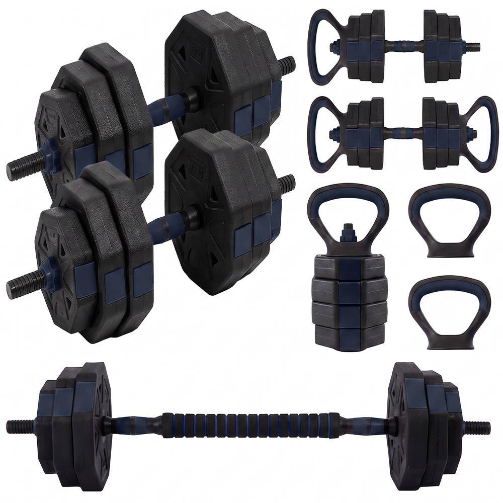 Front. SereneLife - SQUATZ 45/70/90 lb Octagon Adjustable Dumbbell Set, 4-in-1 with Kettlebell & Barbell - Navy Blue.