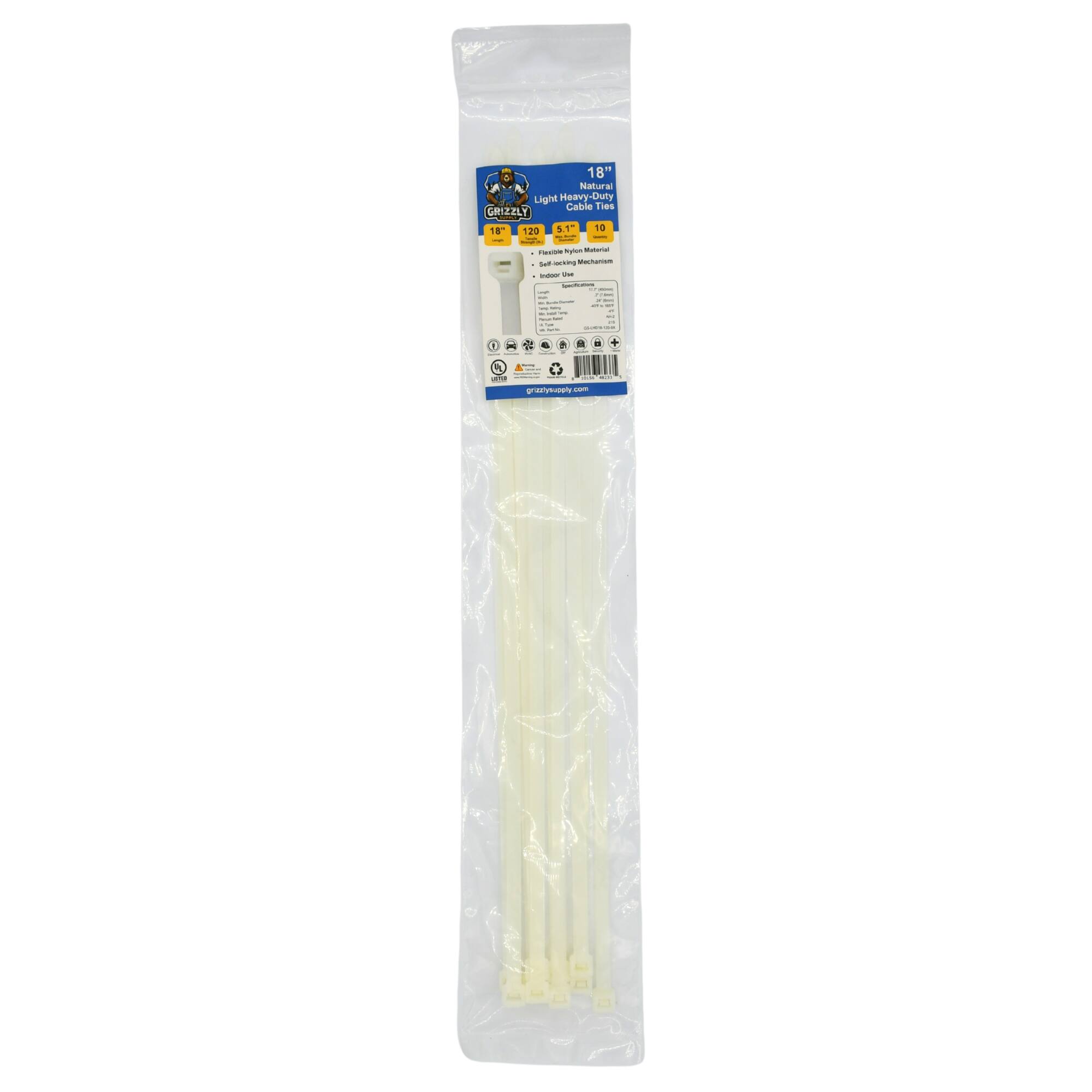 18" Natural Heavy-Duty Cable Ties GRIZZLY 18 120 51 10
