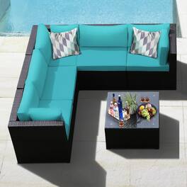 Gymax - 6PCS Rattan Patio Sectional Sofa Conversation Set Outdoor w/ Cushions - Turquoise