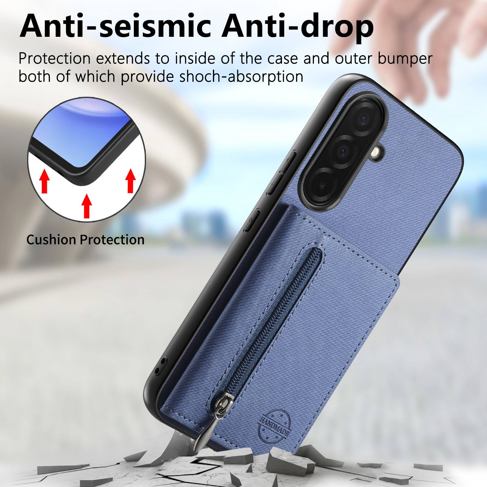 Anti-seismic Anti-drop Protection extends to inside of the case and outer bumper both of which provide shock-absorption Cushion Protection + HANDMADE